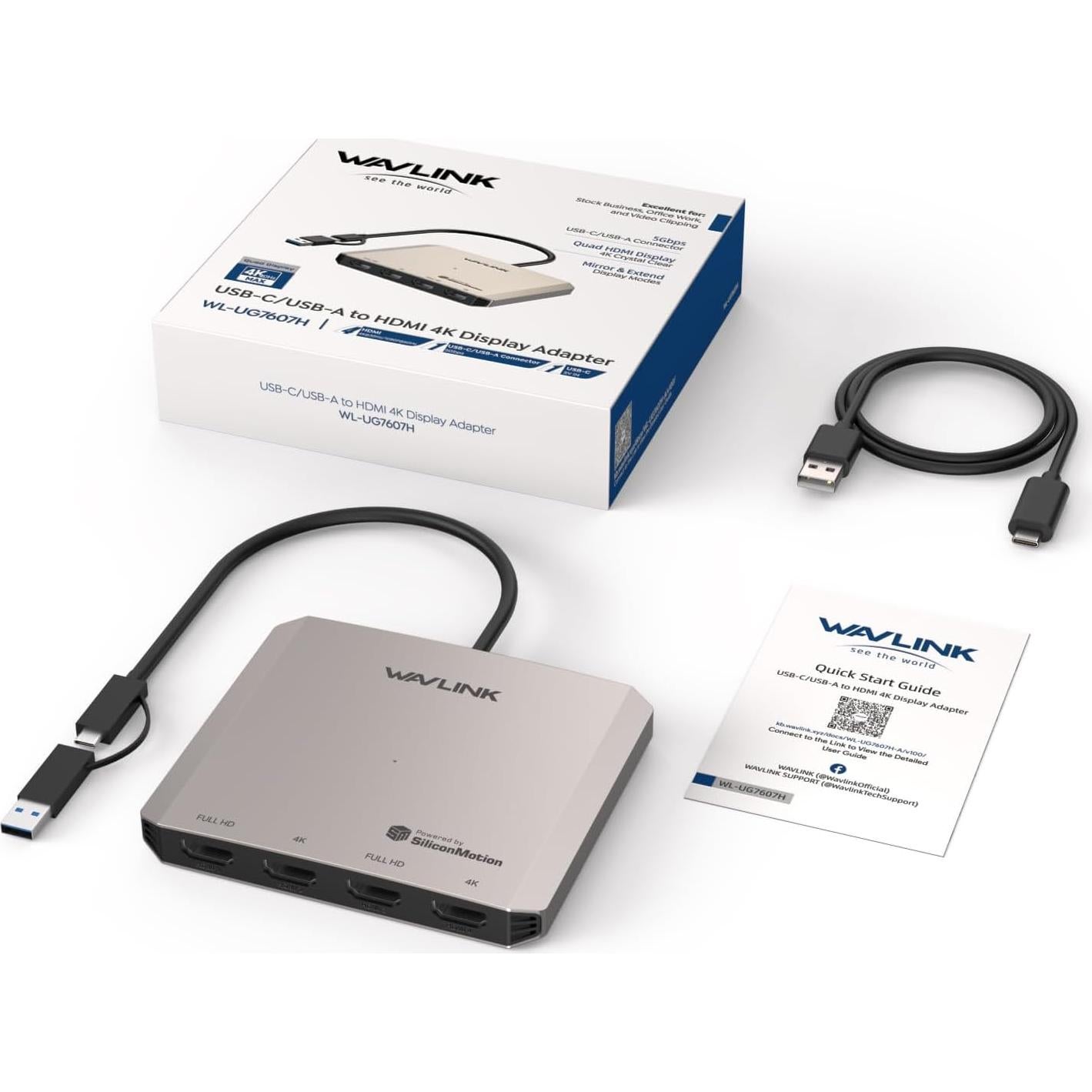 Divisor HDMI 4 Puertos WAVLINK USB-C 4K para Múltiples Monitores