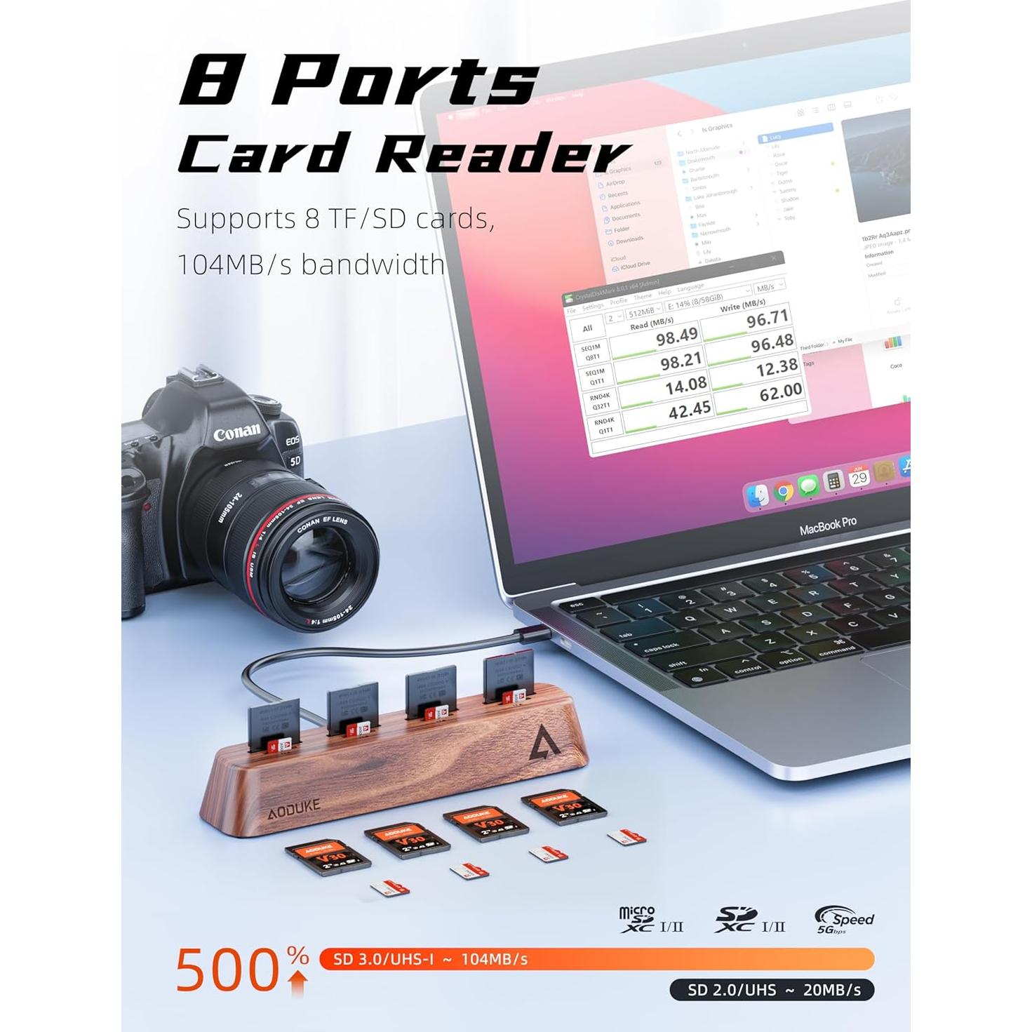 Lector de Tarjetas SD 8 Puertos AODUKE AST43M USB 3.0 Madera