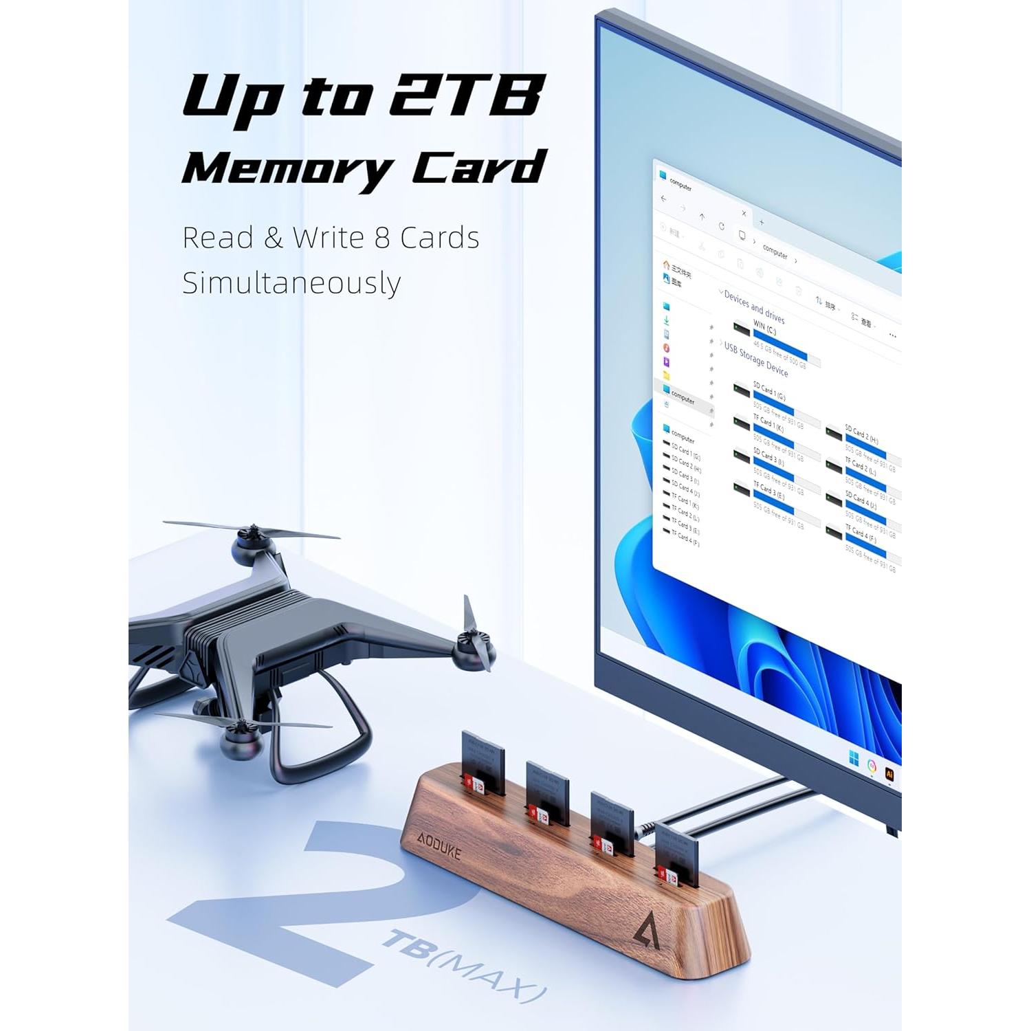 Lector de Tarjetas SD 8 Puertos AODUKE AST43M USB 3.0 Madera