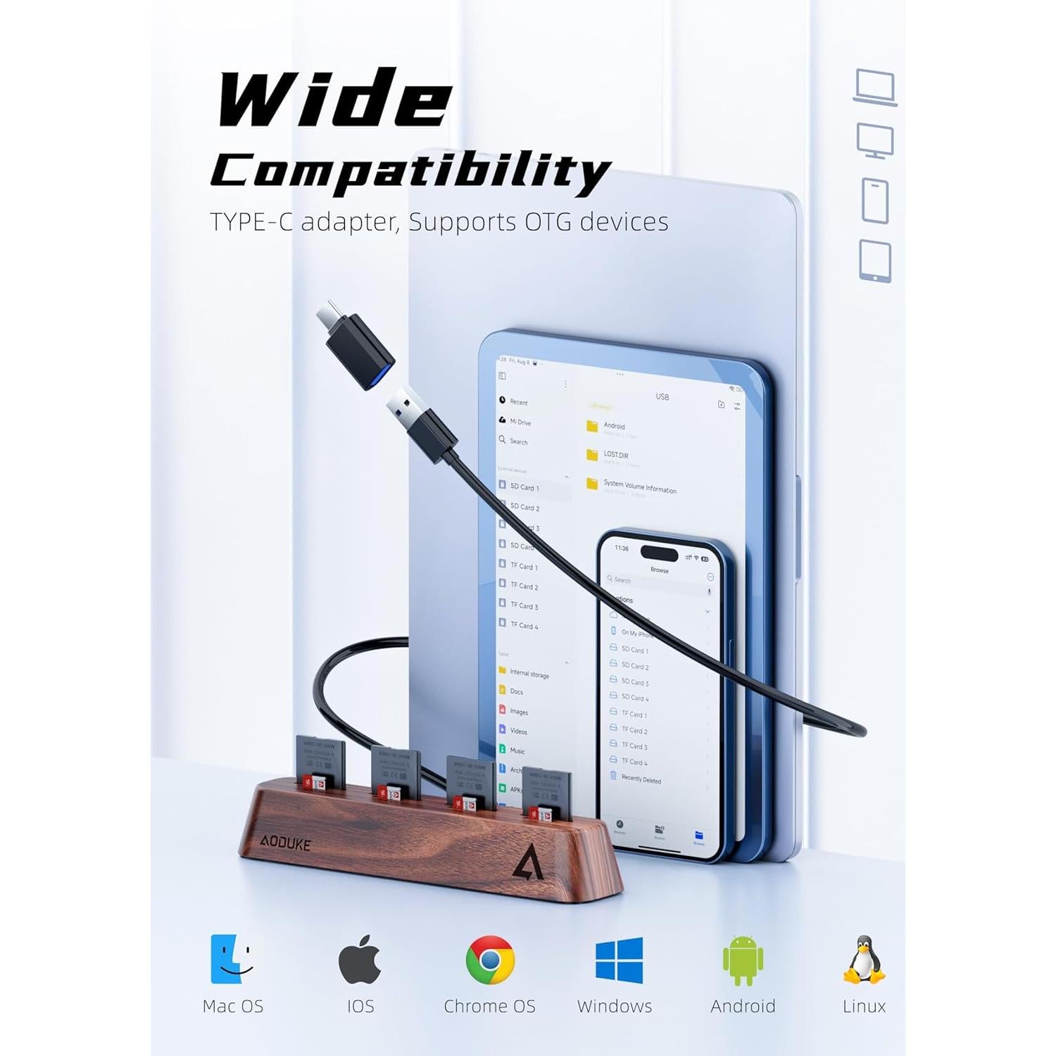 Lector de Tarjetas SD 8 Puertos AODUKE AST43M USB 3.0 Madera