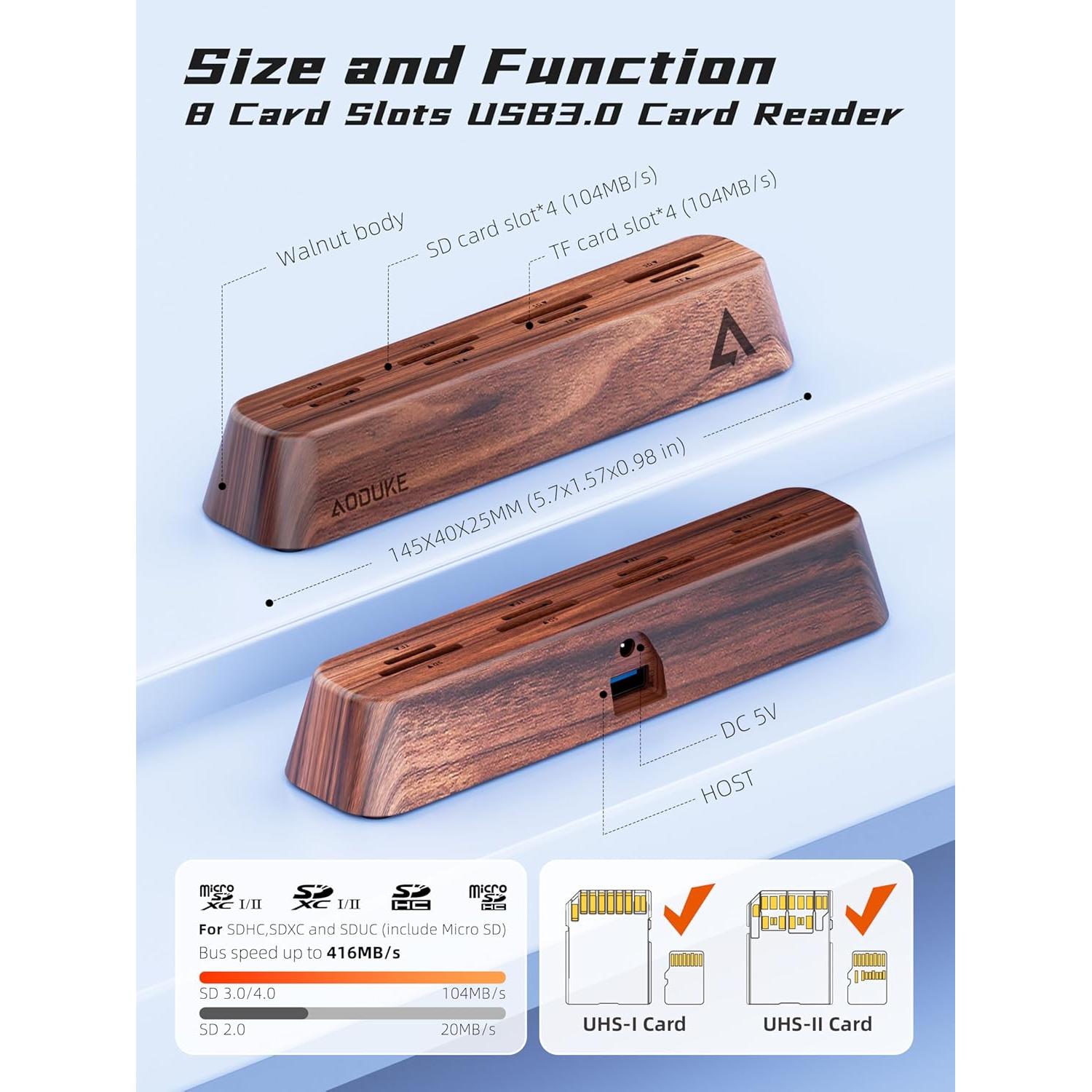 Lector de Tarjetas SD 8 Puertos AODUKE AST43M USB 3.0 Madera