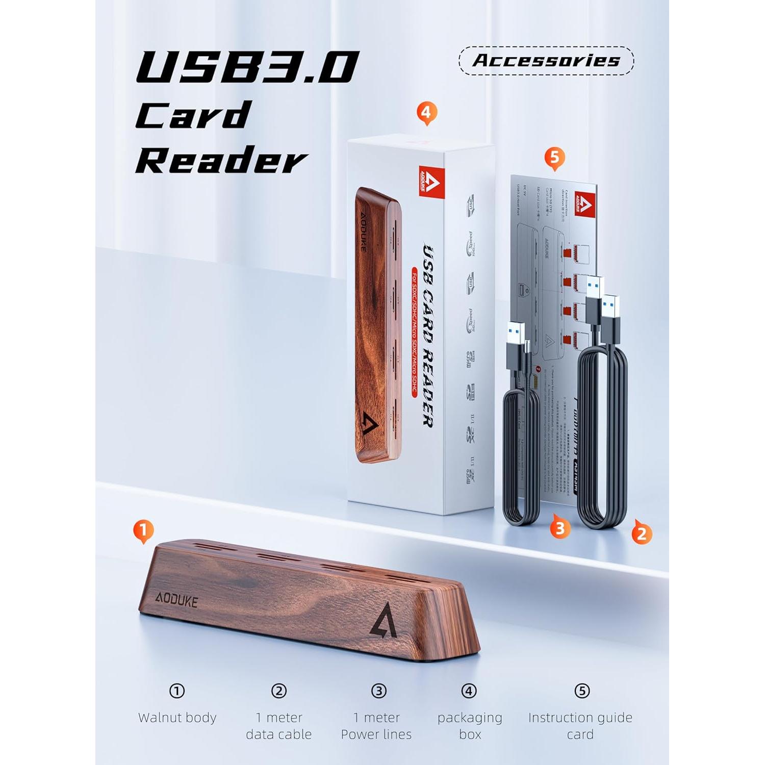 Lector de Tarjetas SD 8 Puertos AODUKE AST43M USB 3.0 Madera
