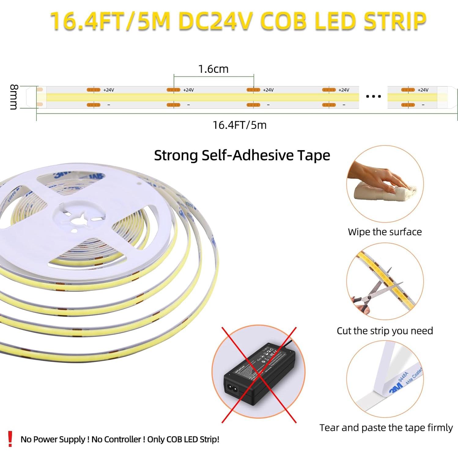 Tira LED COB 24V 5m Blanco Diurno 6000K Flexible Cortable