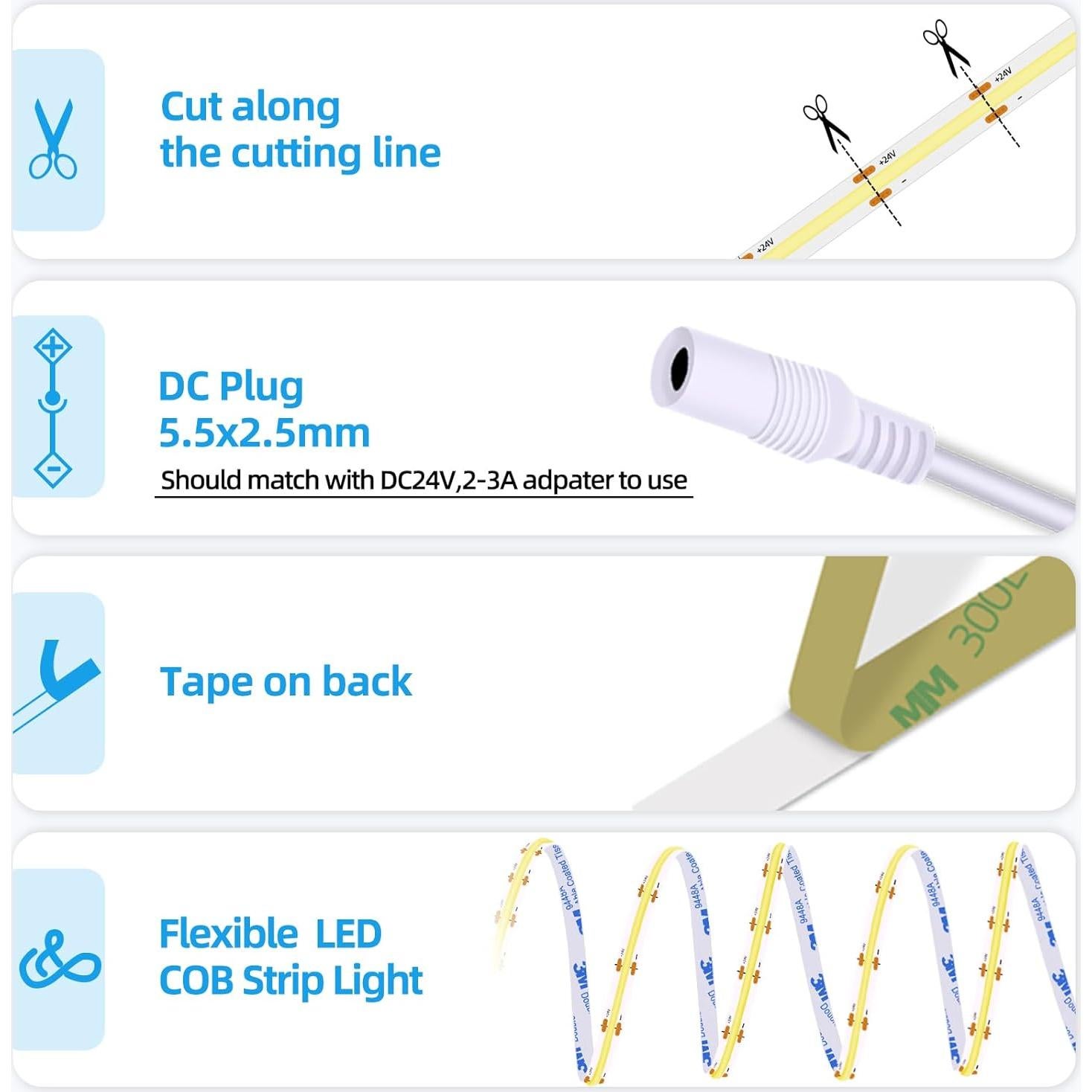 Tira LED COB 24V 5m Blanco Diurno 6000K Flexible Cortable