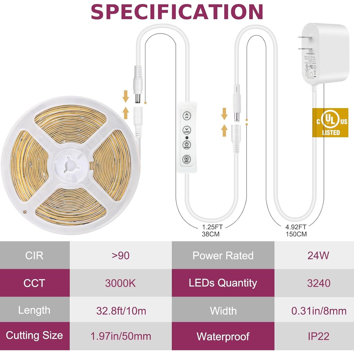 Tira de luz LED COB 10m 3000K regulable con control remoto