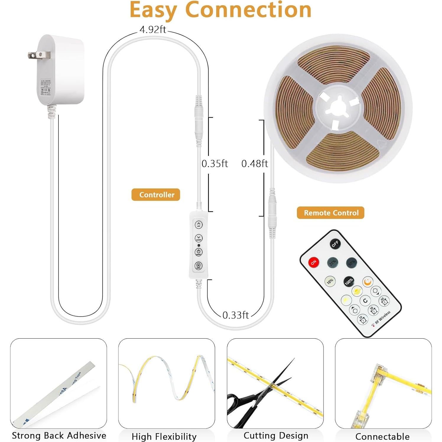 Tira de luz LED COB 10m 3000K regulable con control remoto