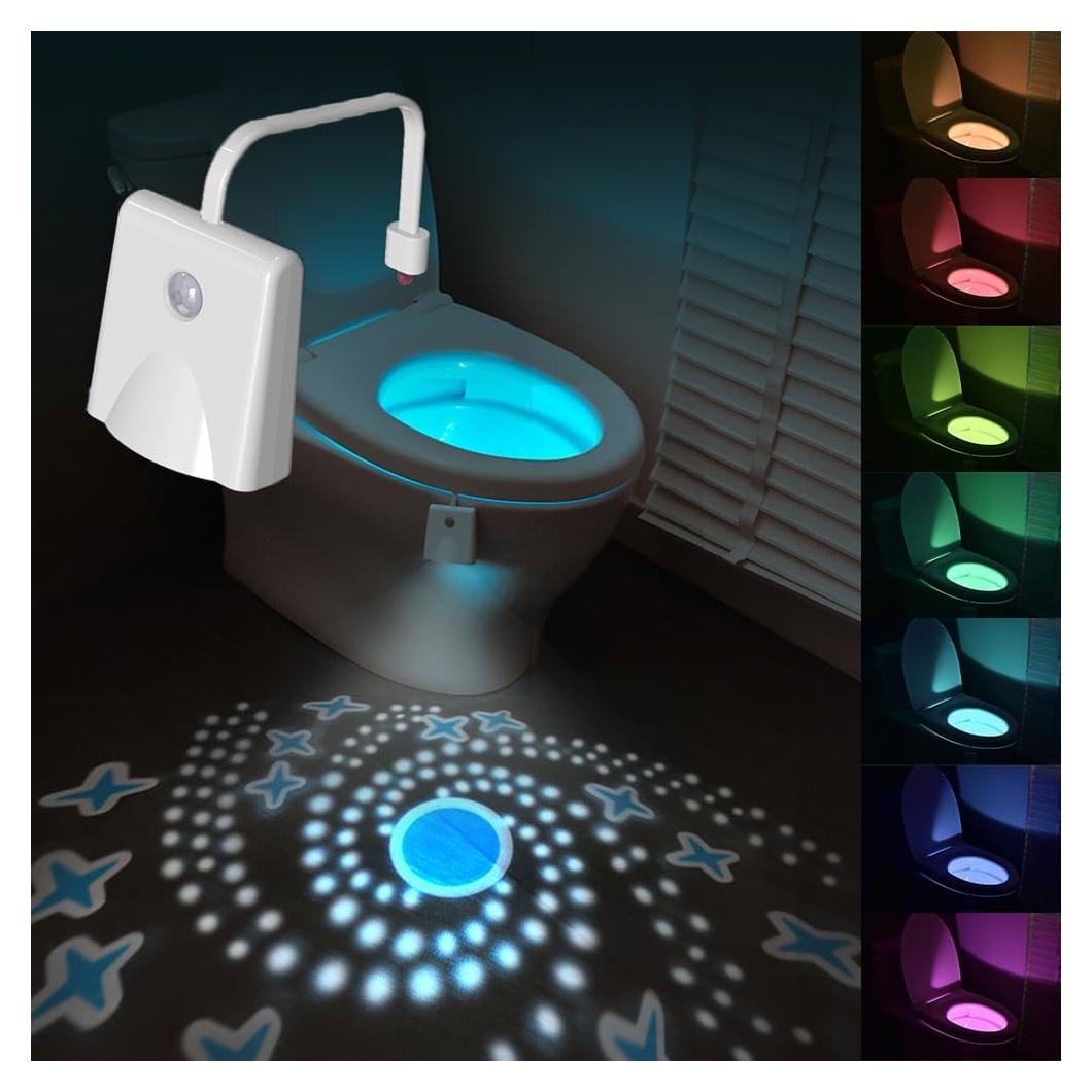 AVEKI Toilet Night Lights, Motion Activated LED Light 16 Colors Changing Night Light Motion Sensor with Projection Light, Rechargable Toilet Bowl Light for Bathroom Decor Funny Gift (1 Pack)