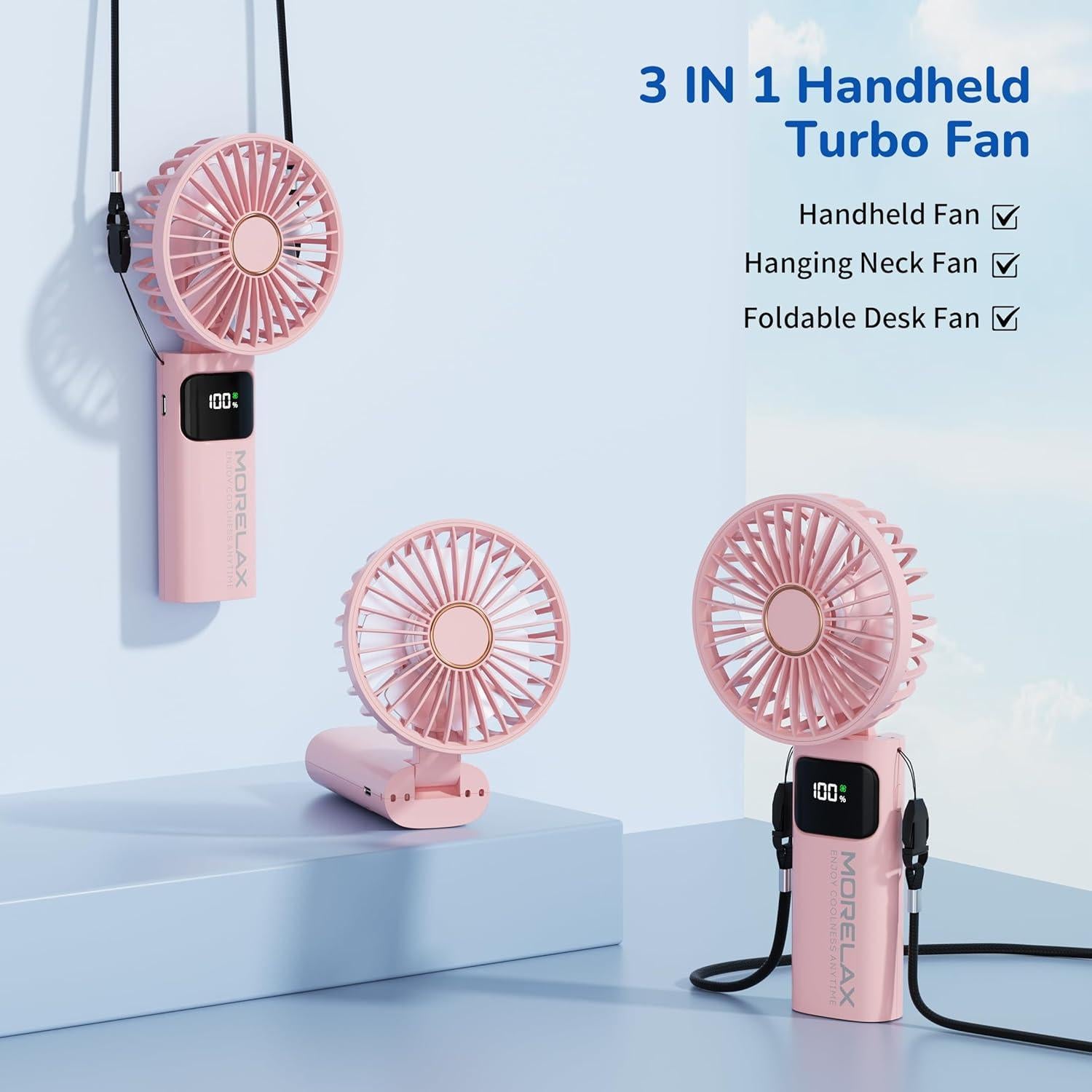 Ventilador Portátil de Mano Morelax Plegable 180° Rosa 5200mAh