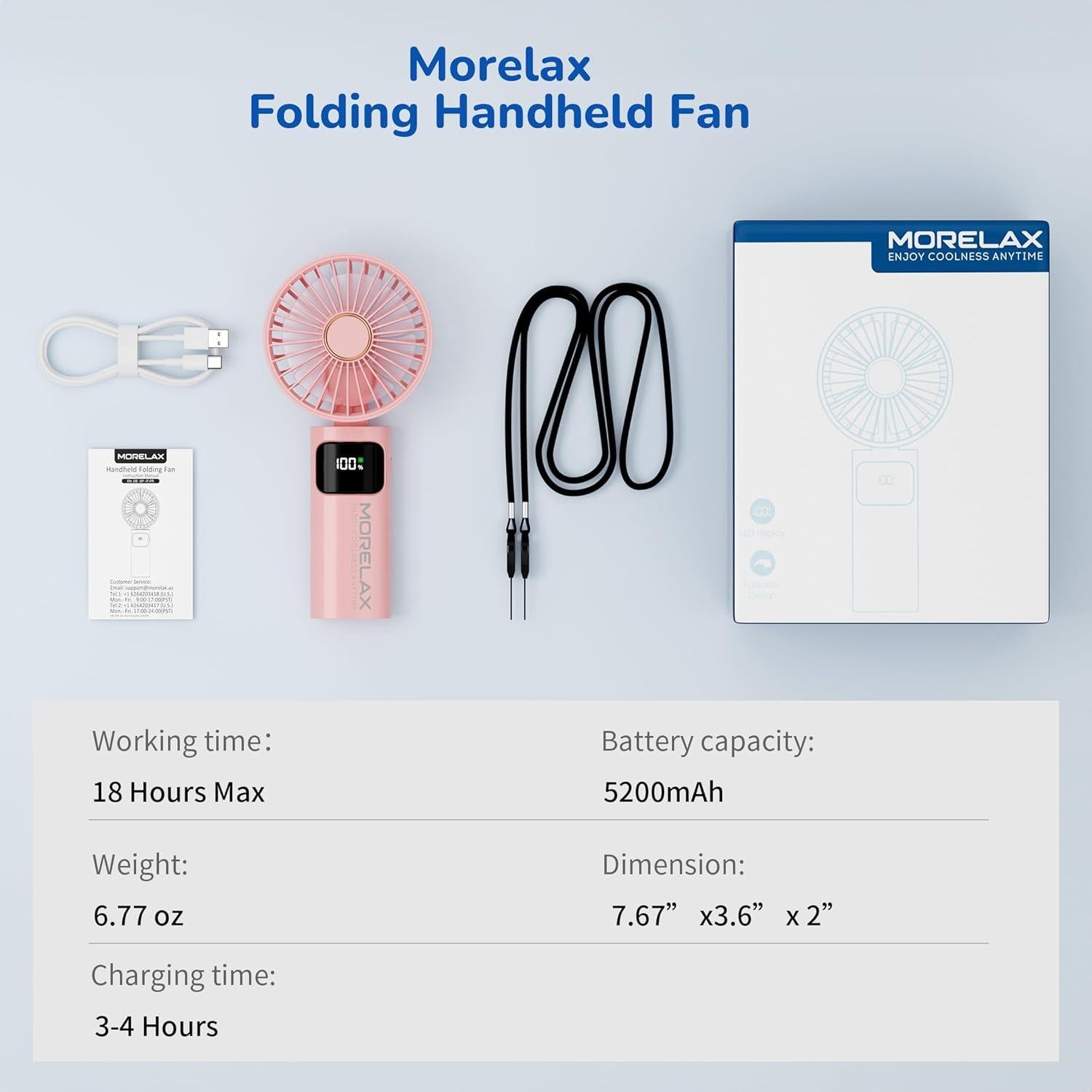 Ventilador Portátil de Mano Morelax Plegable 180° Rosa 5200mAh