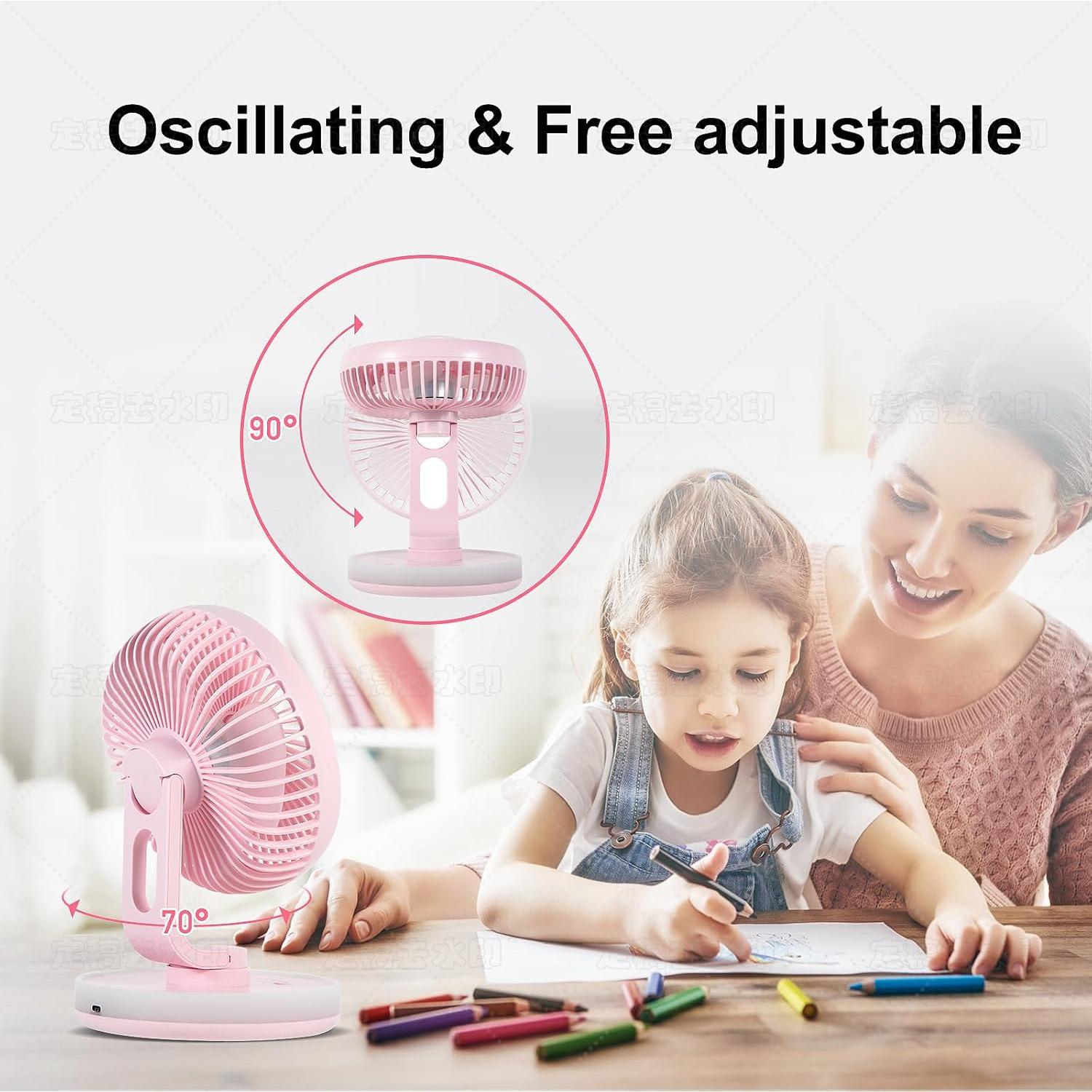 Ventilador de Mesa MAWFOZIN Rosa con Luz Nocturna y Batería 3000mAh