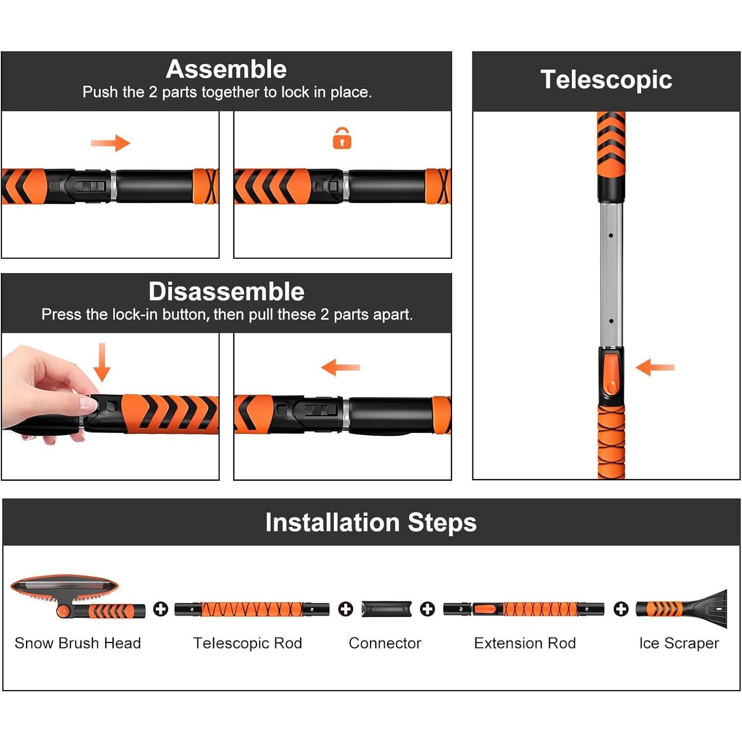 Nuovoware 60" Ice Scraper and Extendable Snow Brush for Car Windshield, 5 in 1 Adjustable Snow Removal Tools with 270° Pivoting Brush Head for Car Auto Truck SUV, Orange