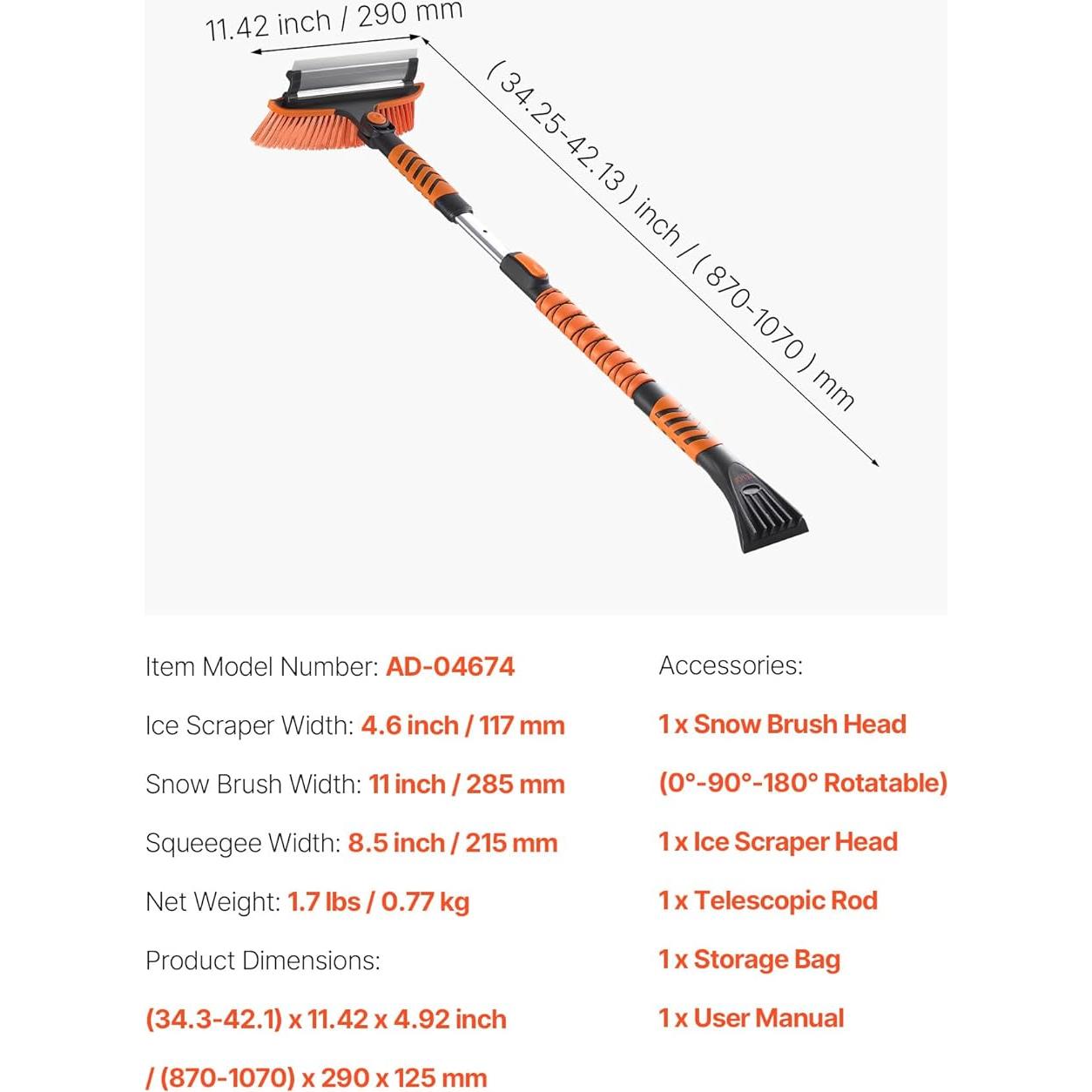 VEVOR Cepillo de Nieve 3-en-1 para Coche con Raspador y Limpiaparabrisas