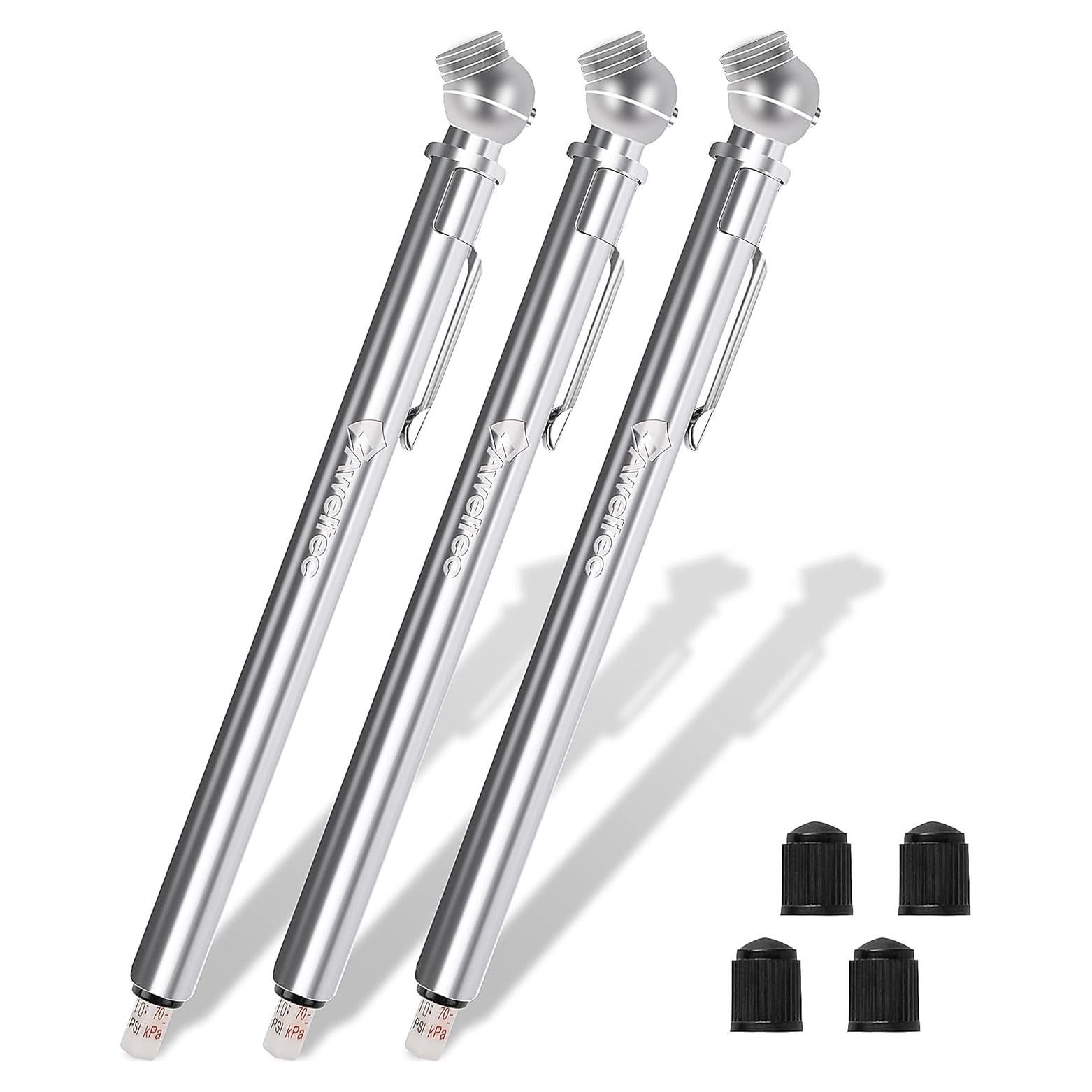 Pencil Tire Pressure Gauge (10-75PSI) Stainless Steel Body and Metal Made Nozzle 3 Measurements for Cars, Pickups, RVs, Bicycles (3 Pack)