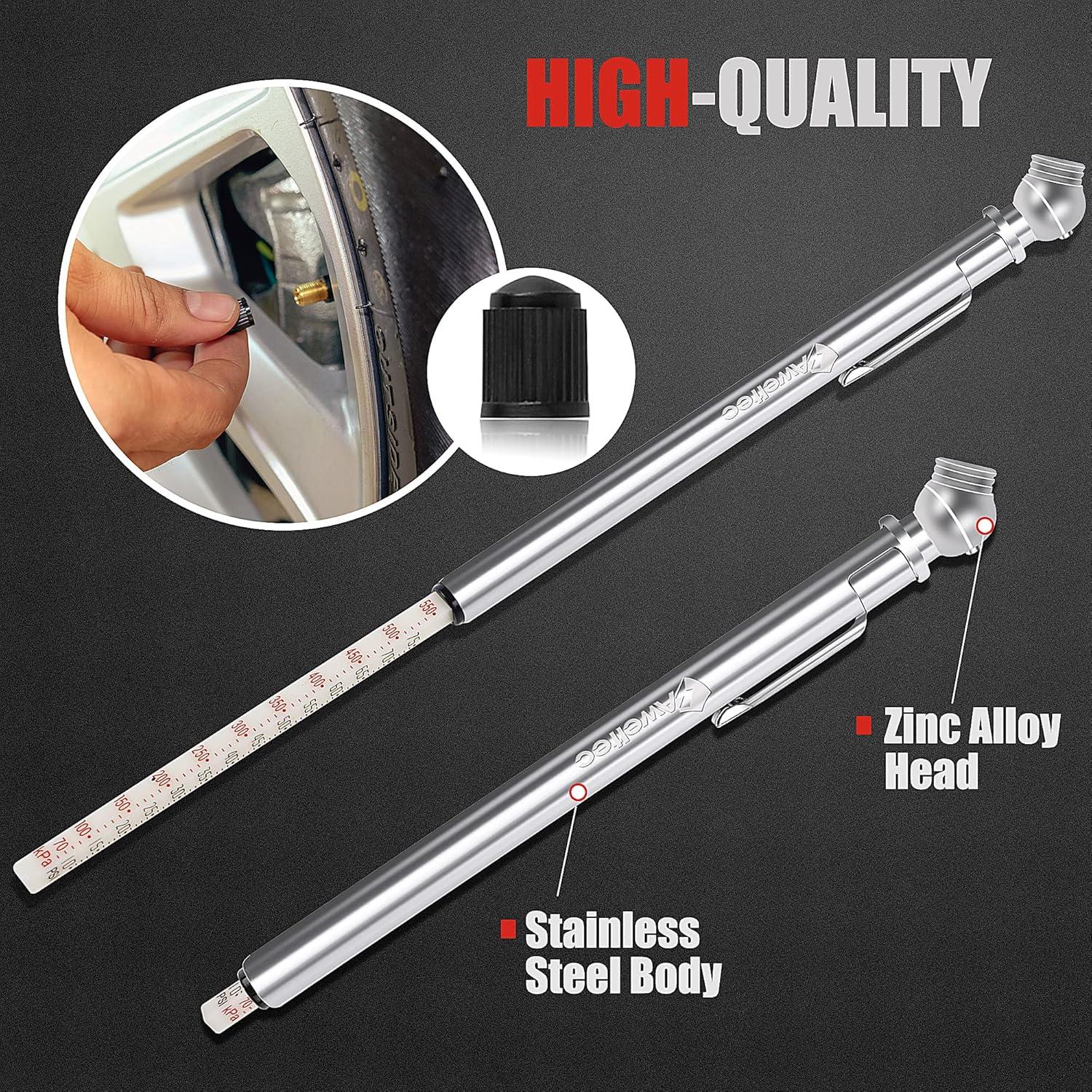 Pencil Tire Pressure Gauge (10-75PSI) Stainless Steel Body and Metal Made Nozzle 3 Measurements for Cars, Pickups, RVs, Bicycles (3 Pack)