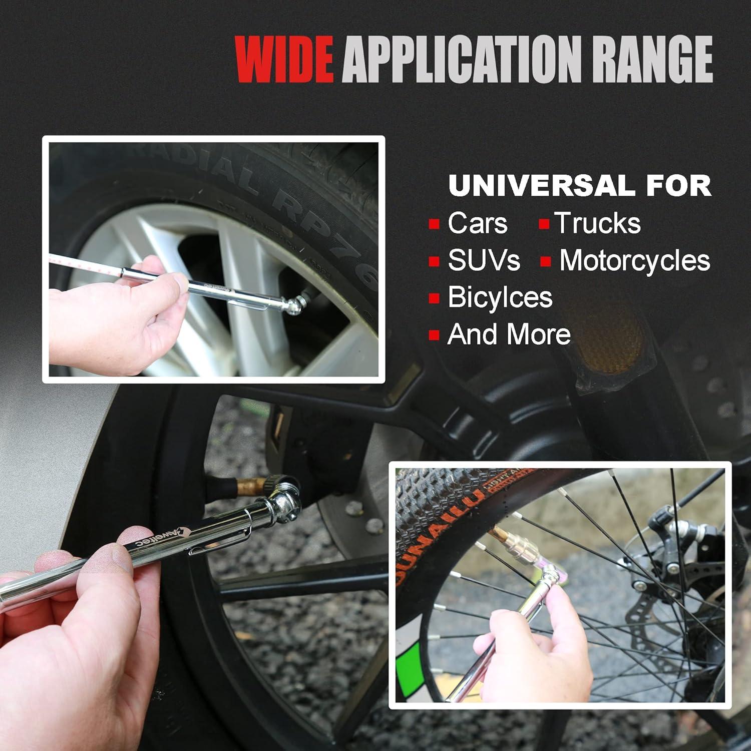Pencil Tire Pressure Gauge (10-75PSI) Stainless Steel Body and Metal Made Nozzle 3 Measurements for Cars, Pickups, RVs, Bicycles (3 Pack)