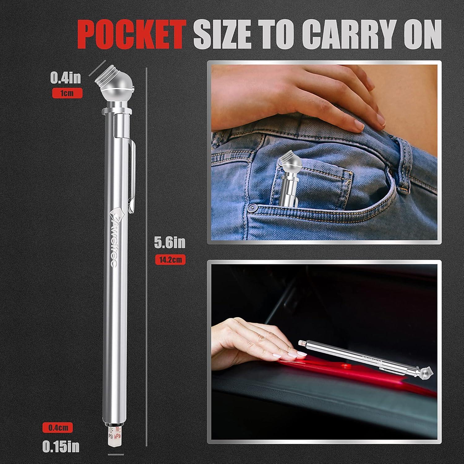 Pencil Tire Pressure Gauge (10-75PSI) Stainless Steel Body and Metal Made Nozzle 3 Measurements for Cars, Pickups, RVs, Bicycles (3 Pack)