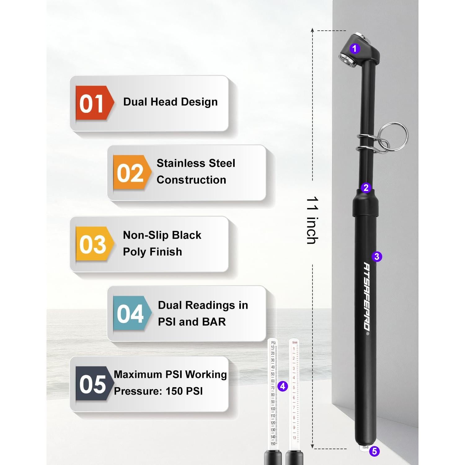 Medidor de Presión de Neumáticos ATsafepro Doble Cabeza 10-150 PSI
