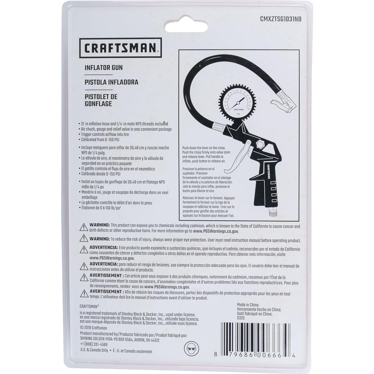 Pistola Infladora CRAFTSMAN CMXZTSG1031NB, 0-150 PSI, 3-en-1