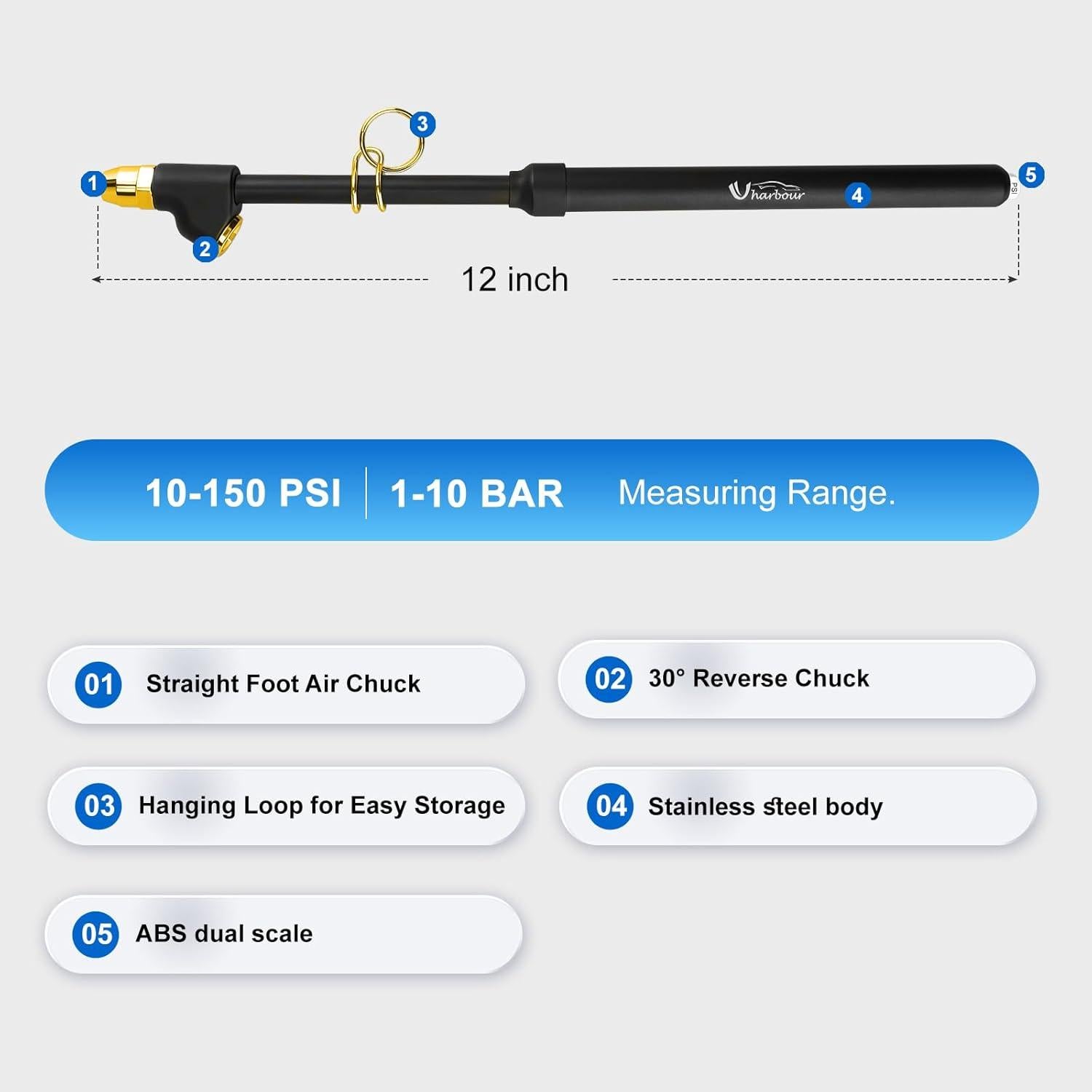 Medidor de Presión de Neumáticos Uharbour Doble Cabeza 10-150 PSI