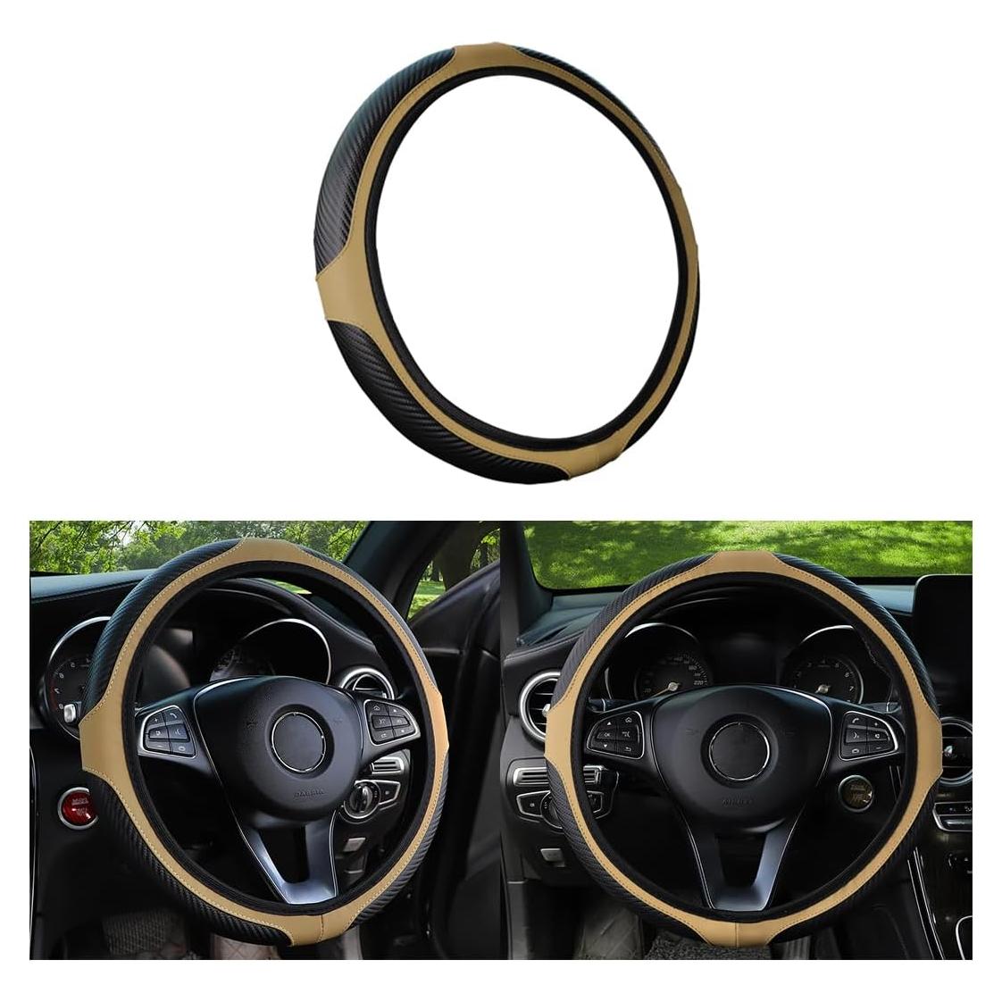 Cubierta de Volante de Coche KHGUZ Fibra de Carbono Beige 38cm