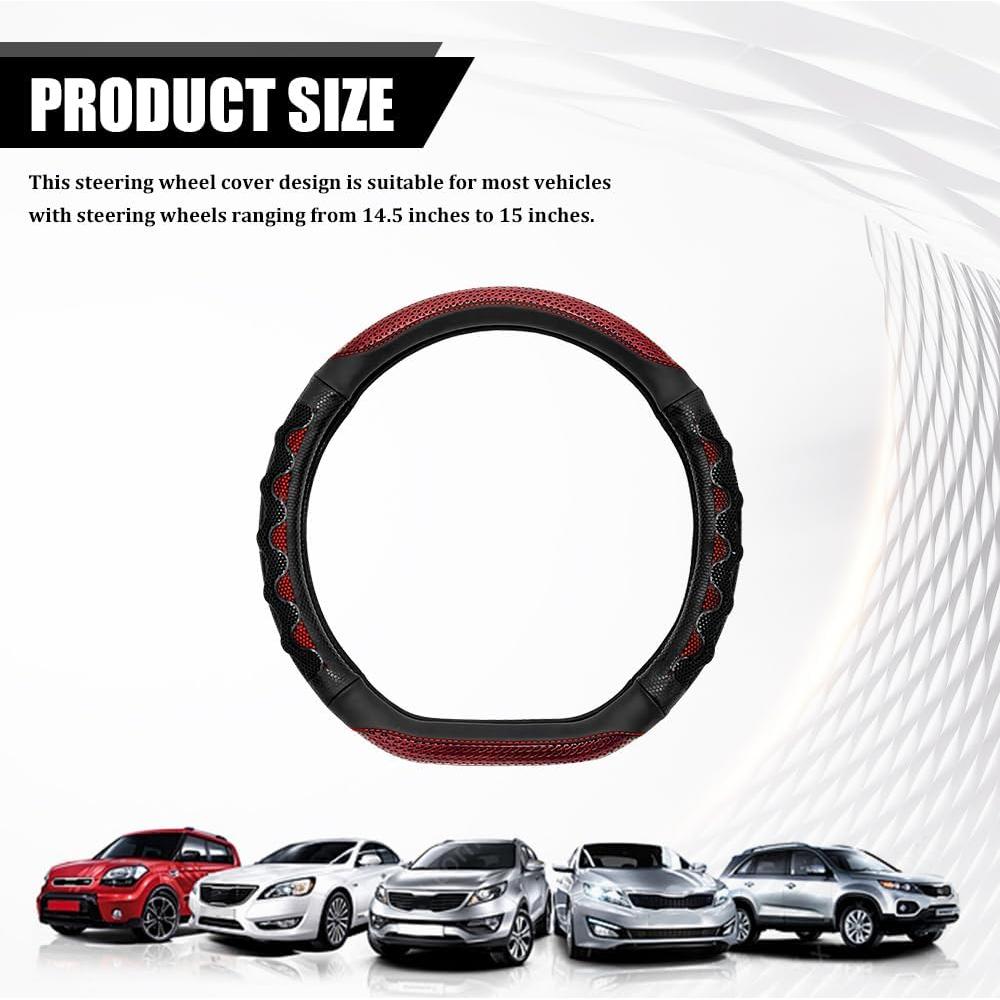 Funda de Volante de Coche HQRNYP 15" Cuero Antideslizante Rojo