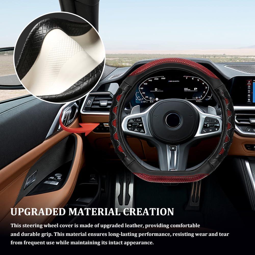 Funda de Volante de Coche HQRNYP 15" Cuero Antideslizante Rojo
