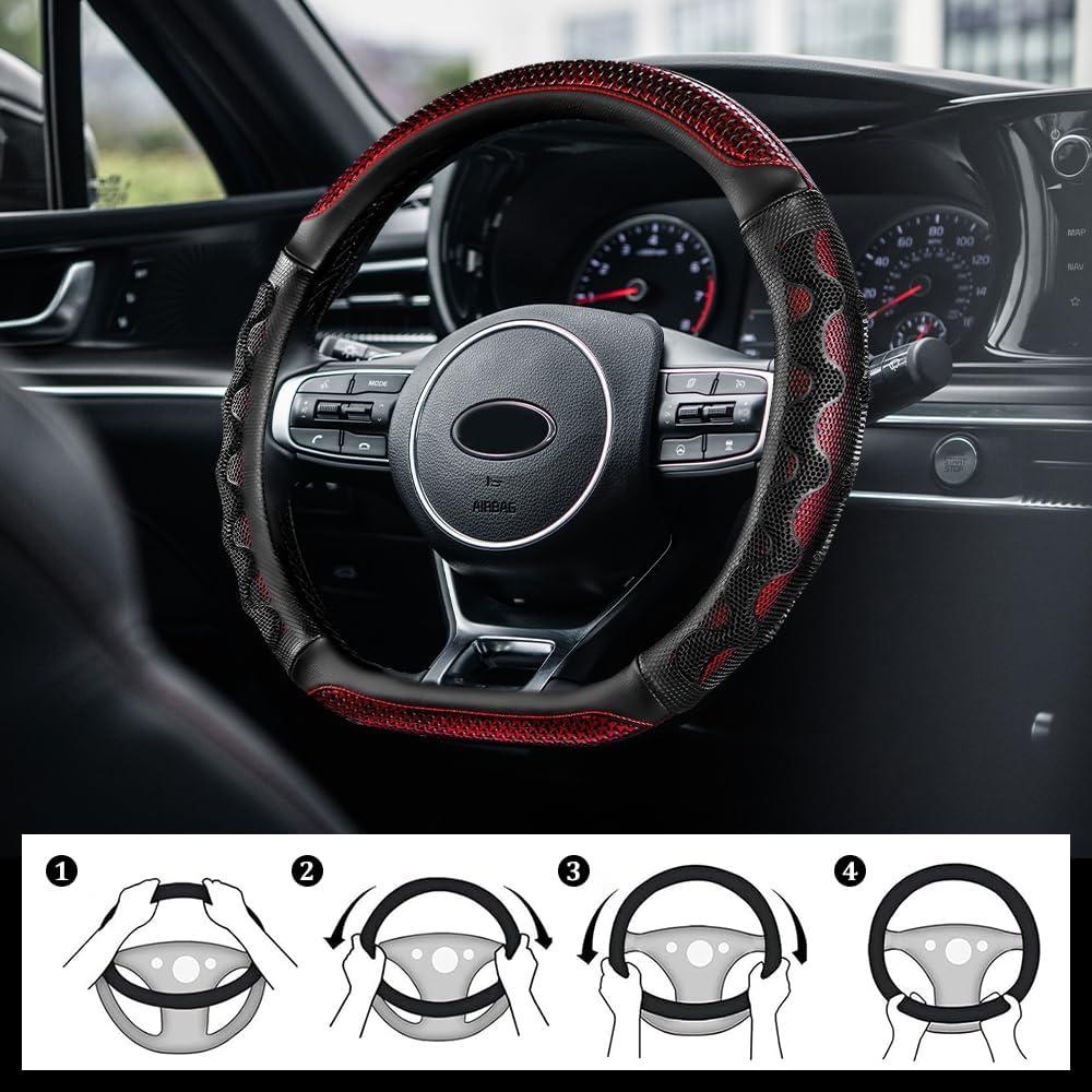 Funda de Volante de Coche HQRNYP 15" Cuero Antideslizante Rojo