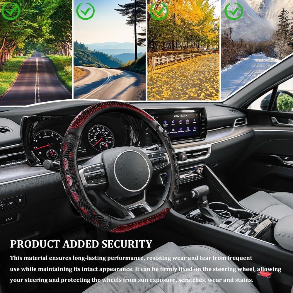 Funda de Volante de Coche HQRNYP 15" Cuero Antideslizante Rojo