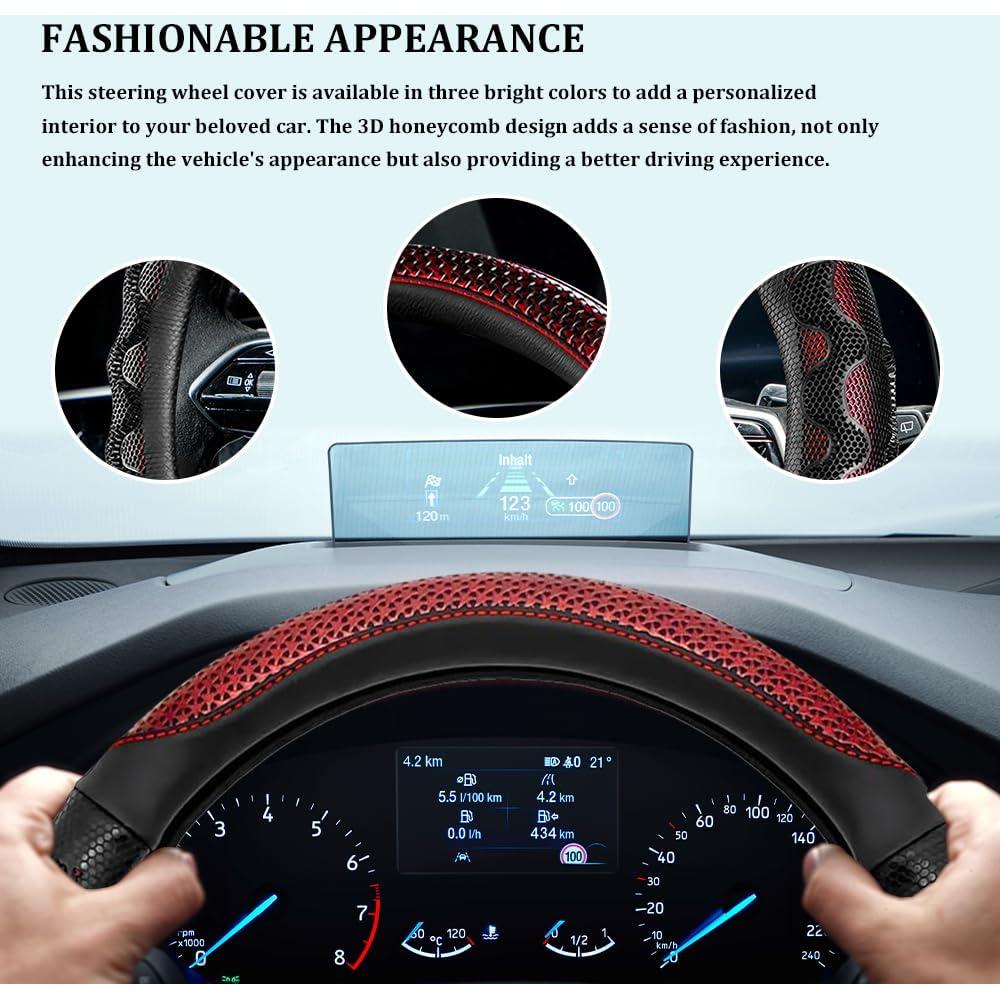 Funda de Volante de Coche HQRNYP 15" Cuero Antideslizante Rojo