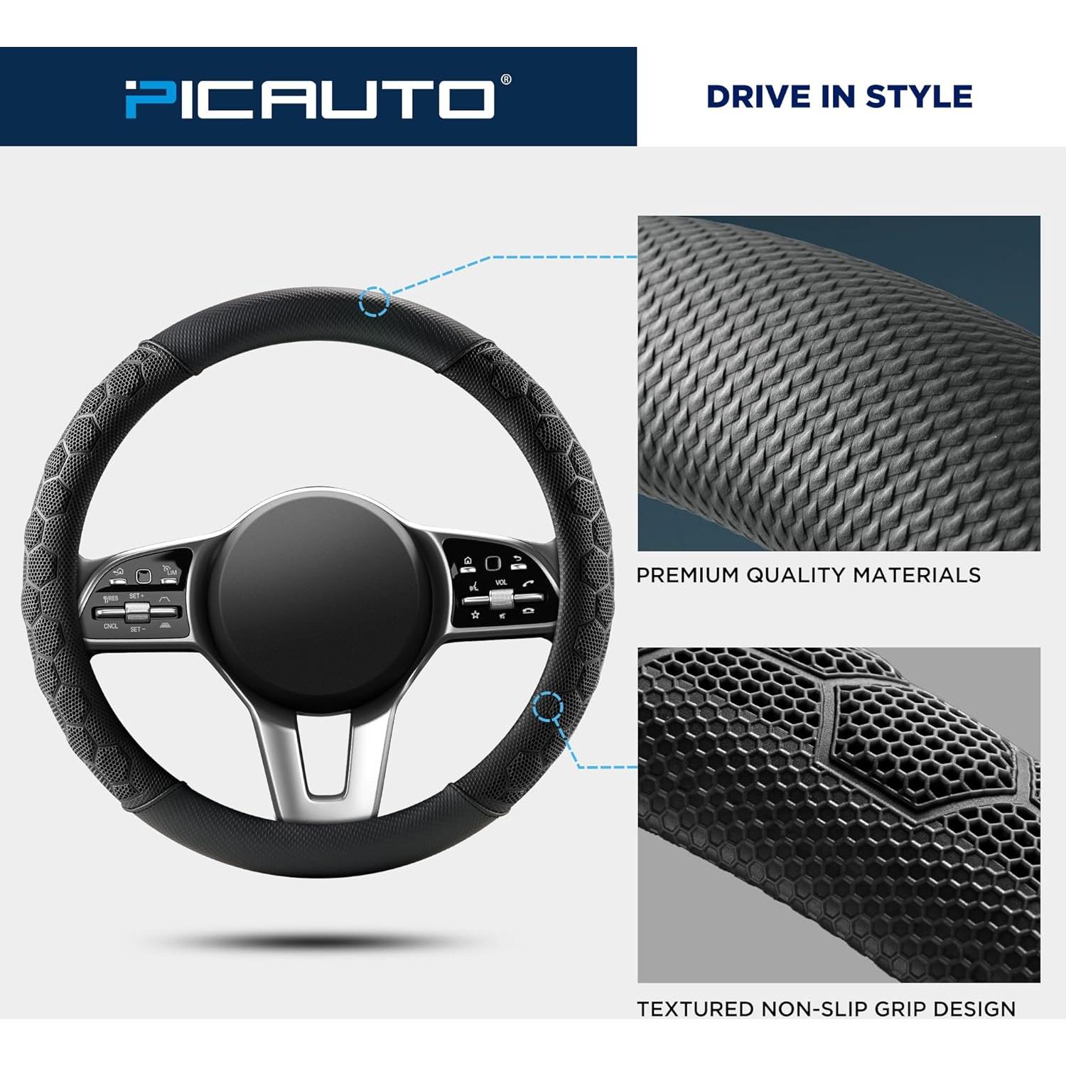 Cubierta de Volante de Masaje PIC AUTO, Cuero Negro Universal 36.8-39.4cm