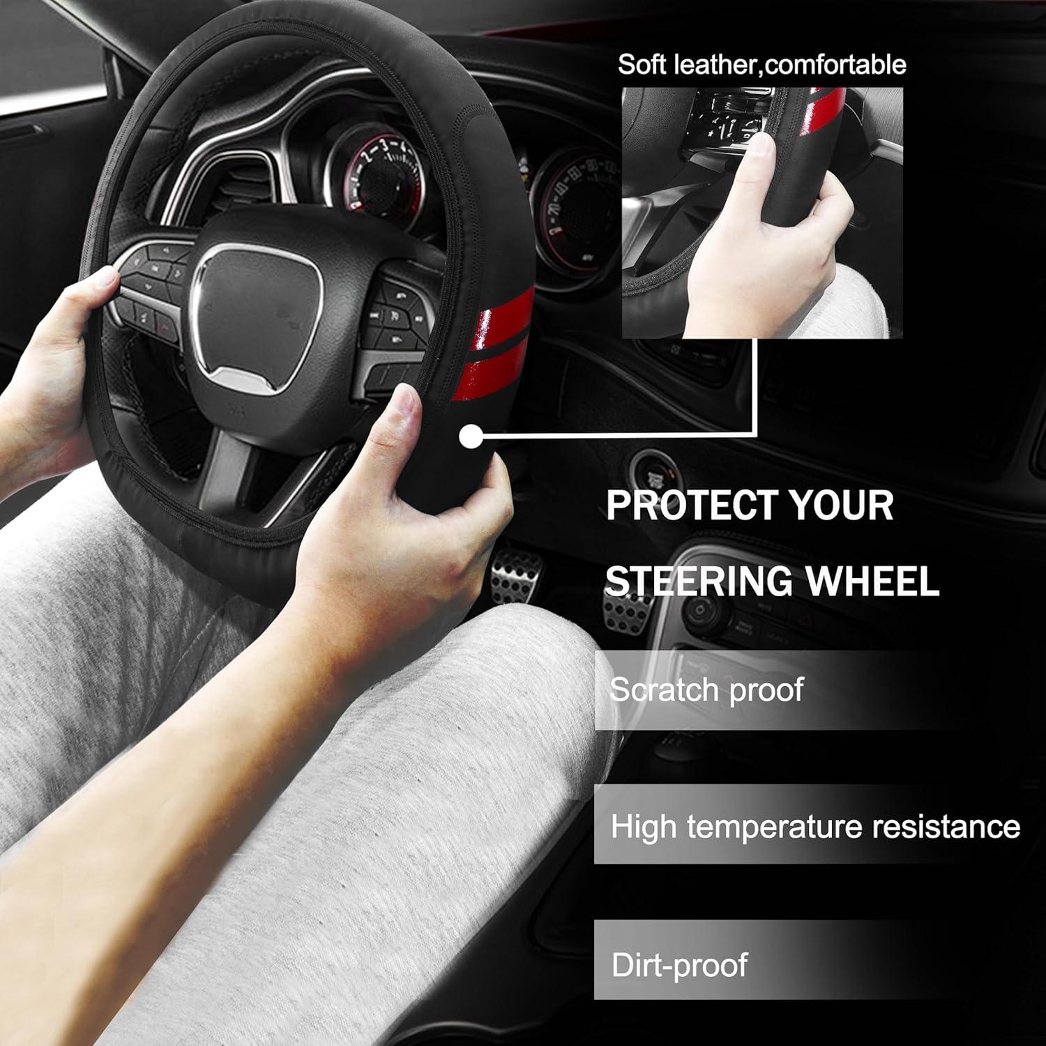 Funda de Volante YOSRTER para Dodge 14-15 Pulgadas Borde Rojo