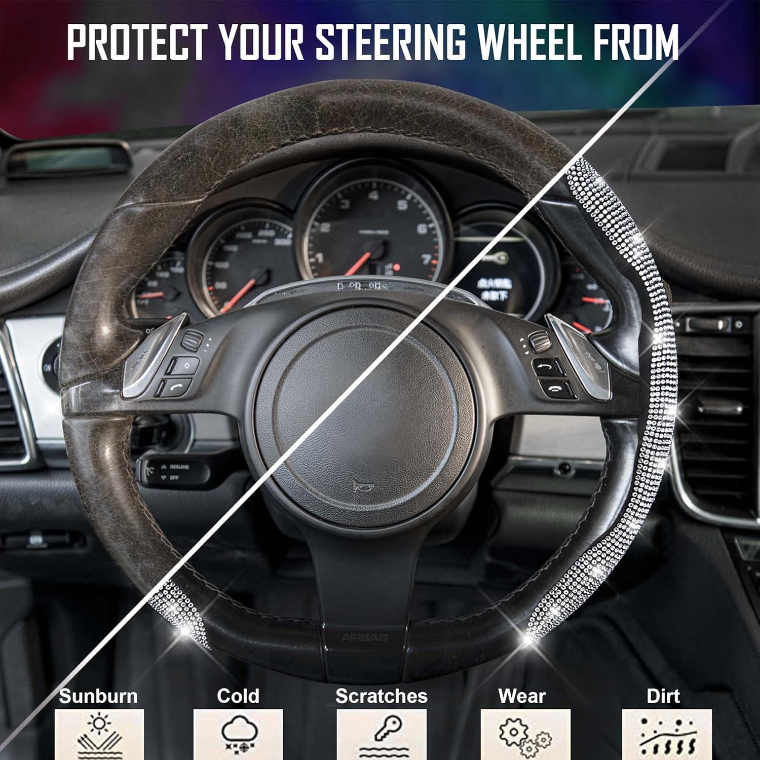 Cubierta de Volante Antideslizante CAR PASS Diamante Plateado 2Pcs