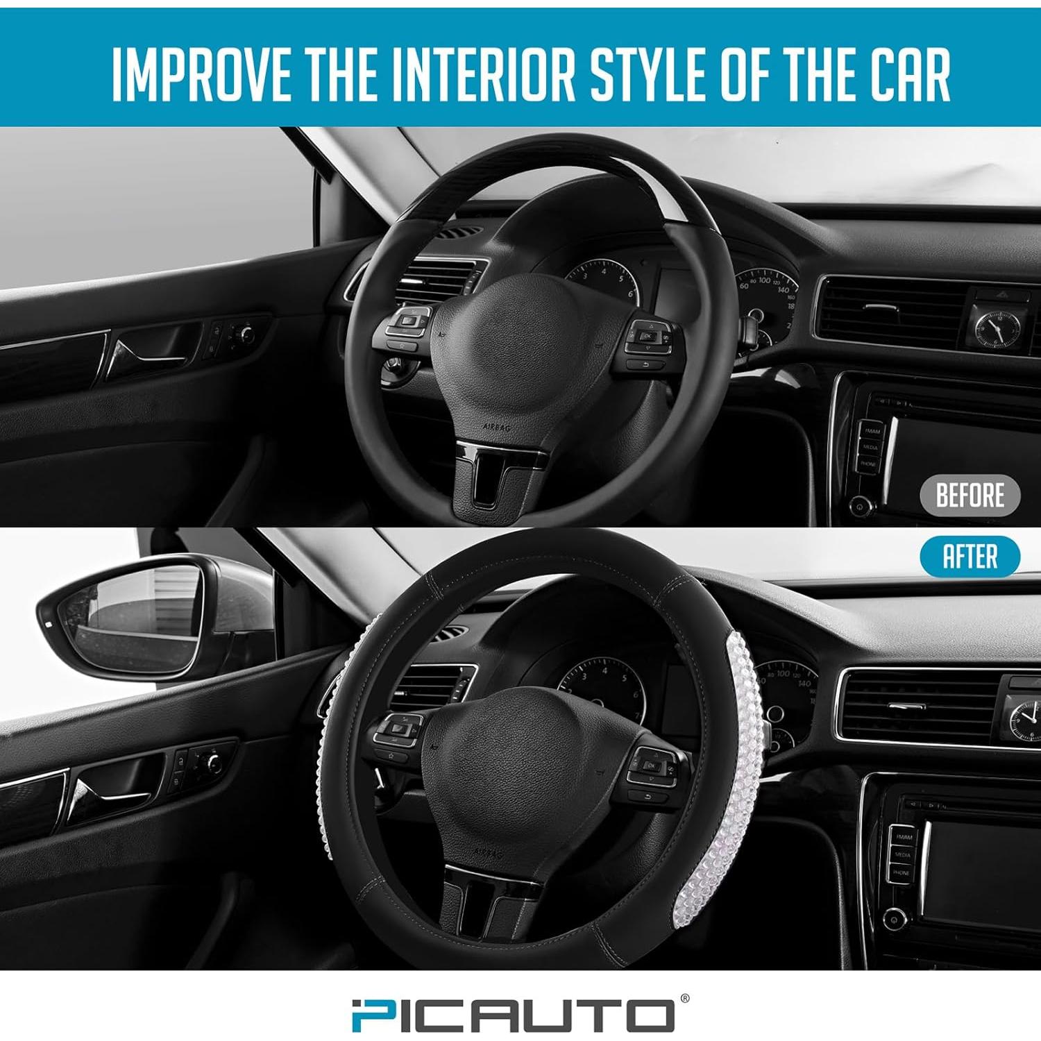 Cubierta de Volante PIC AUTO de Cuero Negro Antideslizante 36.8-39.4cm