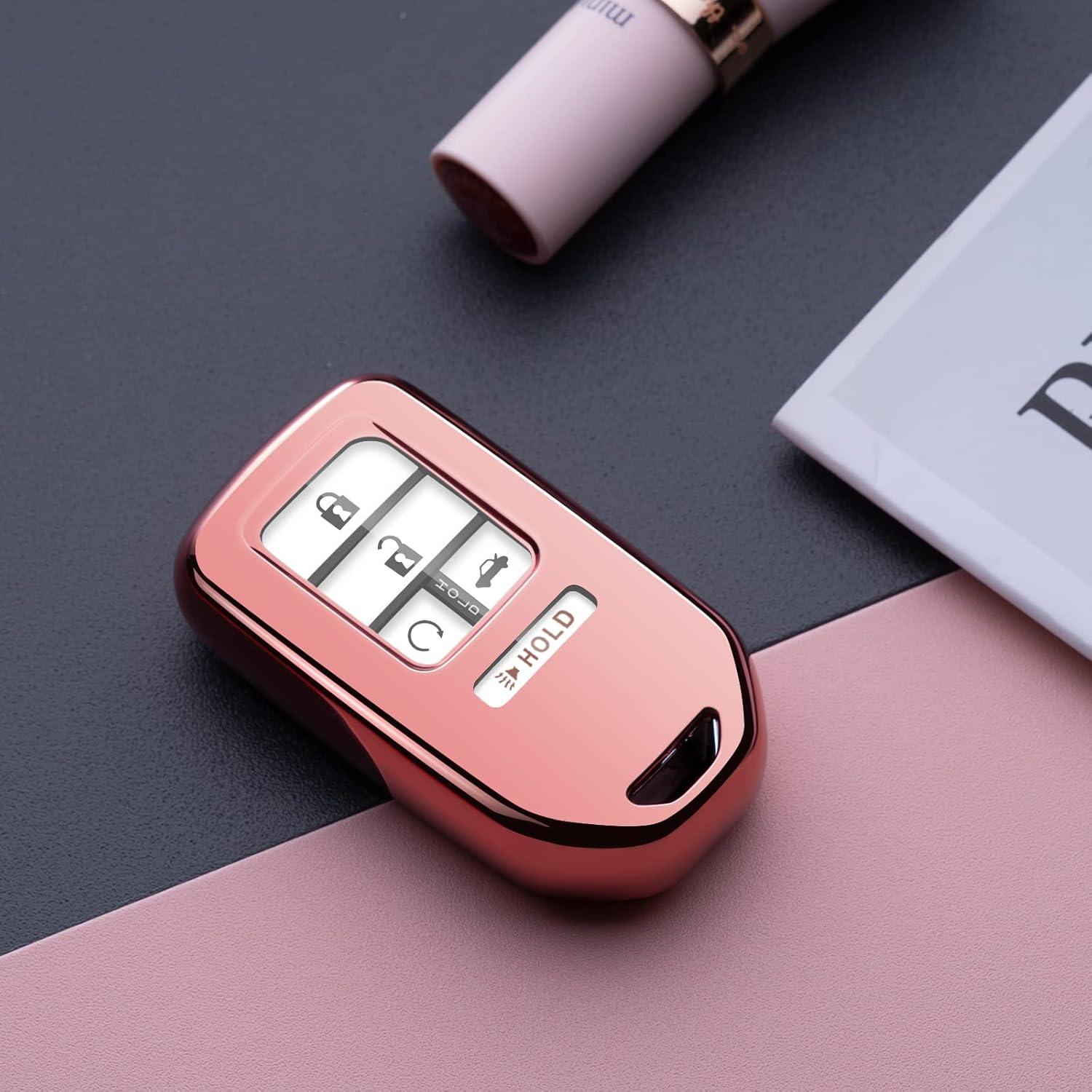 Compatible with Honda Key Fob Cover Pink TPU Car Key case Holder Key Chain Protector Compatible with Civic Accord Pilot Odyssey CR-V Clarity HR-V Insight Passport Ridgeline Accessories