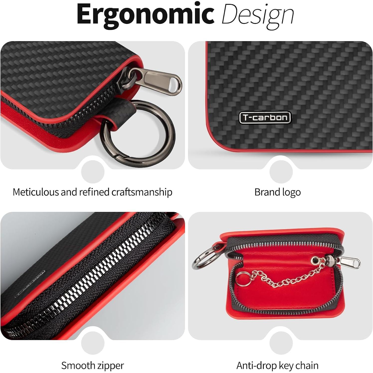 Funda para llavero T-carbon de fibra de carbono y cuero ROJO