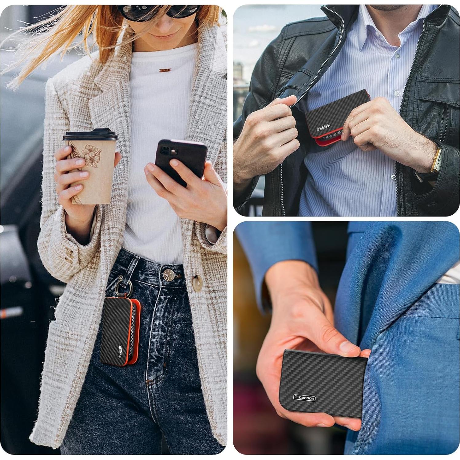 Funda para llavero T-carbon de fibra de carbono y cuero ROJO