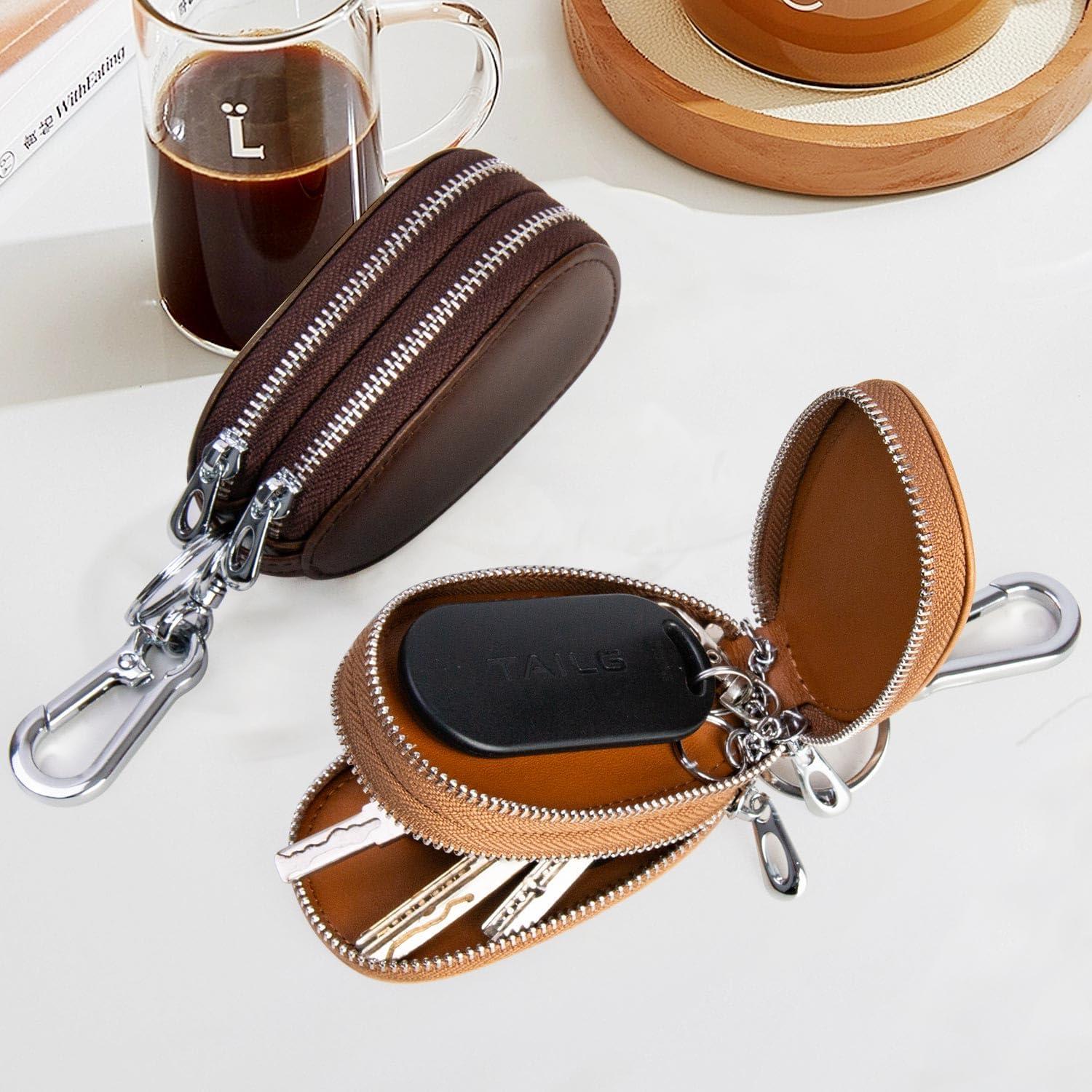 Funda de Llaves de Cuero Genuino UVKDEENK Doble Cremallera Marrón