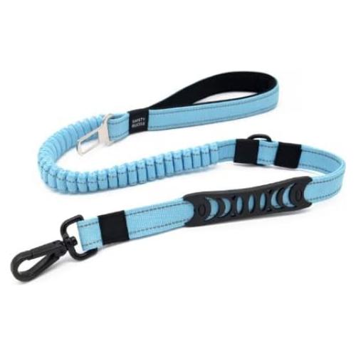 Dog Leash Bungee Multifunctional with Car Seatbelt for Large Dogs, Highly Reflective Threads Elastic Durable 3 to 5 Ft for Small Medium and Large Dogs, with LED Light Poop Bag Dispenser (Light Blue)