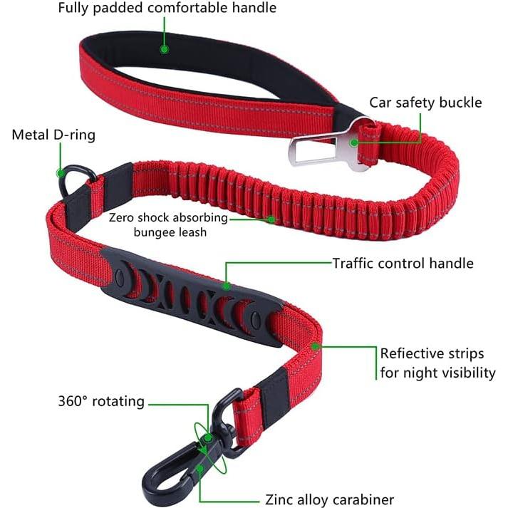 Dog Leash Bungee Multifunctional with Car Seatbelt for Large Dogs, Highly Reflective Threads Elastic Durable 3 to 5 Ft for Small Medium and Large Dogs, with LED Light Poop Bag Dispenser (Light Blue)