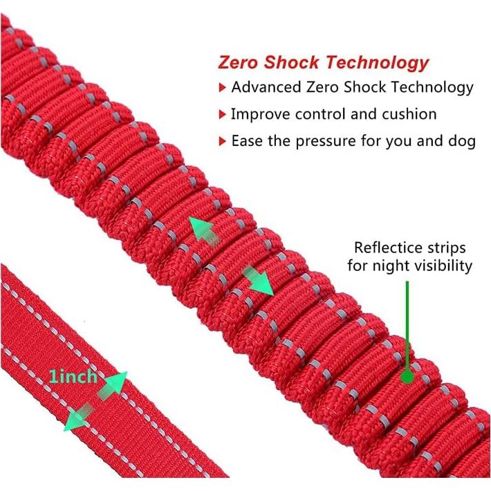 Dog Leash Bungee Multifunctional with Car Seatbelt for Large Dogs, Highly Reflective Threads Elastic Durable 3 to 5 Ft for Small Medium and Large Dogs, with LED Light Poop Bag Dispenser (Light Blue)