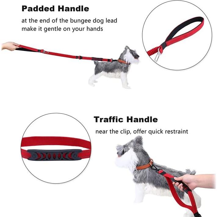 Dog Leash Bungee Multifunctional with Car Seatbelt for Large Dogs, Highly Reflective Threads Elastic Durable 3 to 5 Ft for Small Medium and Large Dogs, with LED Light Poop Bag Dispenser (Light Blue)