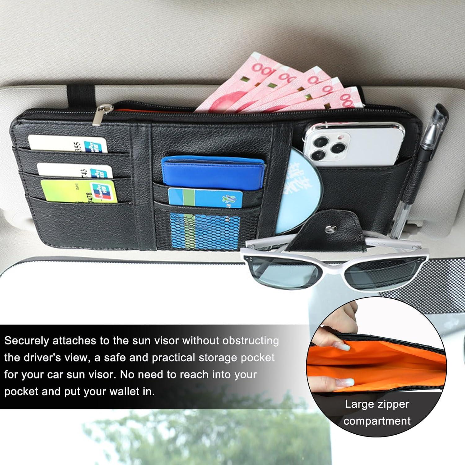 Car Sun Visor Organizer, Multifunctional Visor Storage Holder for License Pen Key, Leather Card Cash Pouch with Multi-Pocket Net Zipper, Universal Interior Car Accessories (Black)