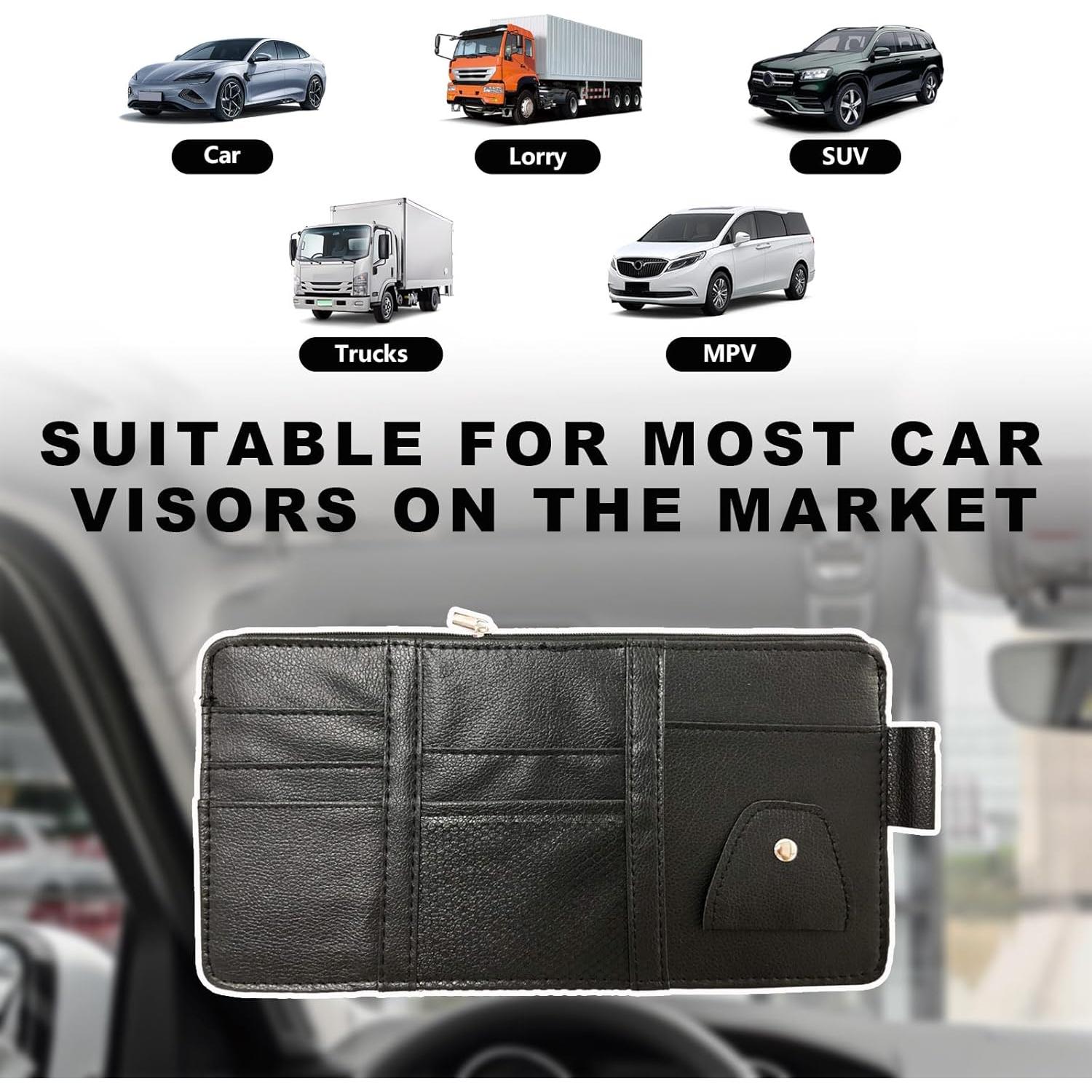 Car Sun Visor Organizer, Multifunctional Visor Storage Holder for License Pen Key, Leather Card Cash Pouch with Multi-Pocket Net Zipper, Universal Interior Car Accessories (Black)