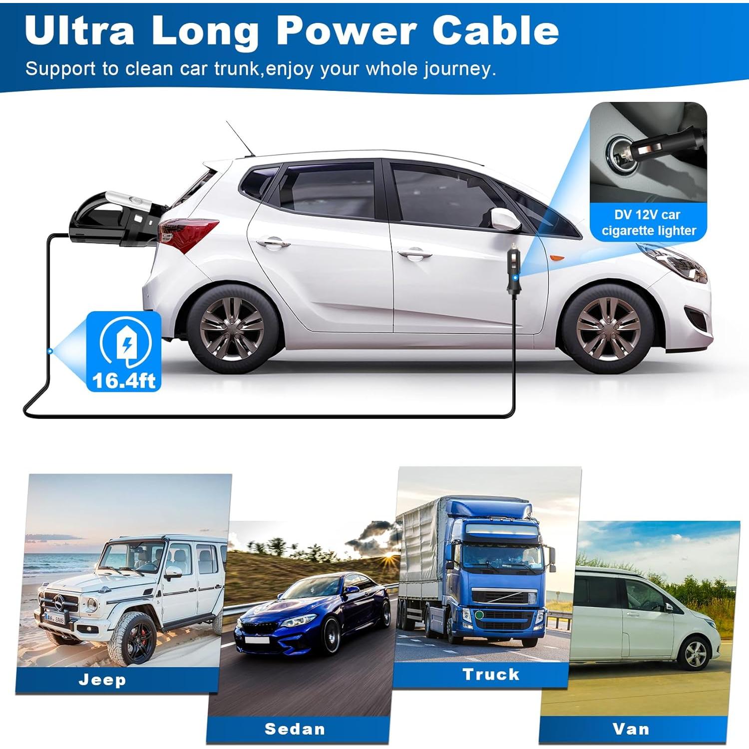 Car Vacuum, Portable Vacuum Cleaner with Powerful 7000PA Suction, DC 12V Power 16.4Ft Cord Vacuum Cleaner, LED Light, 0.33L Capacity, Car Accessories for Men/Women