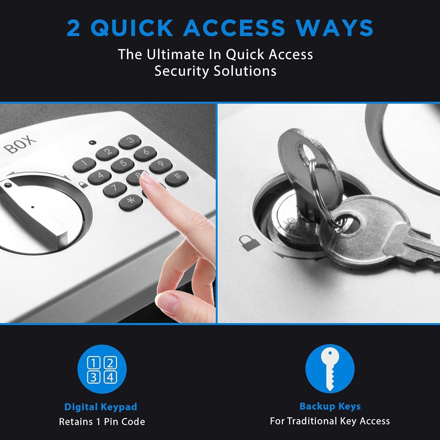 Portable Digital Keypad Lock Box – Secure Travel Safe for Valuables, Steel Construction, Removable Tethering Cable, Backup Keys & Batteries Included