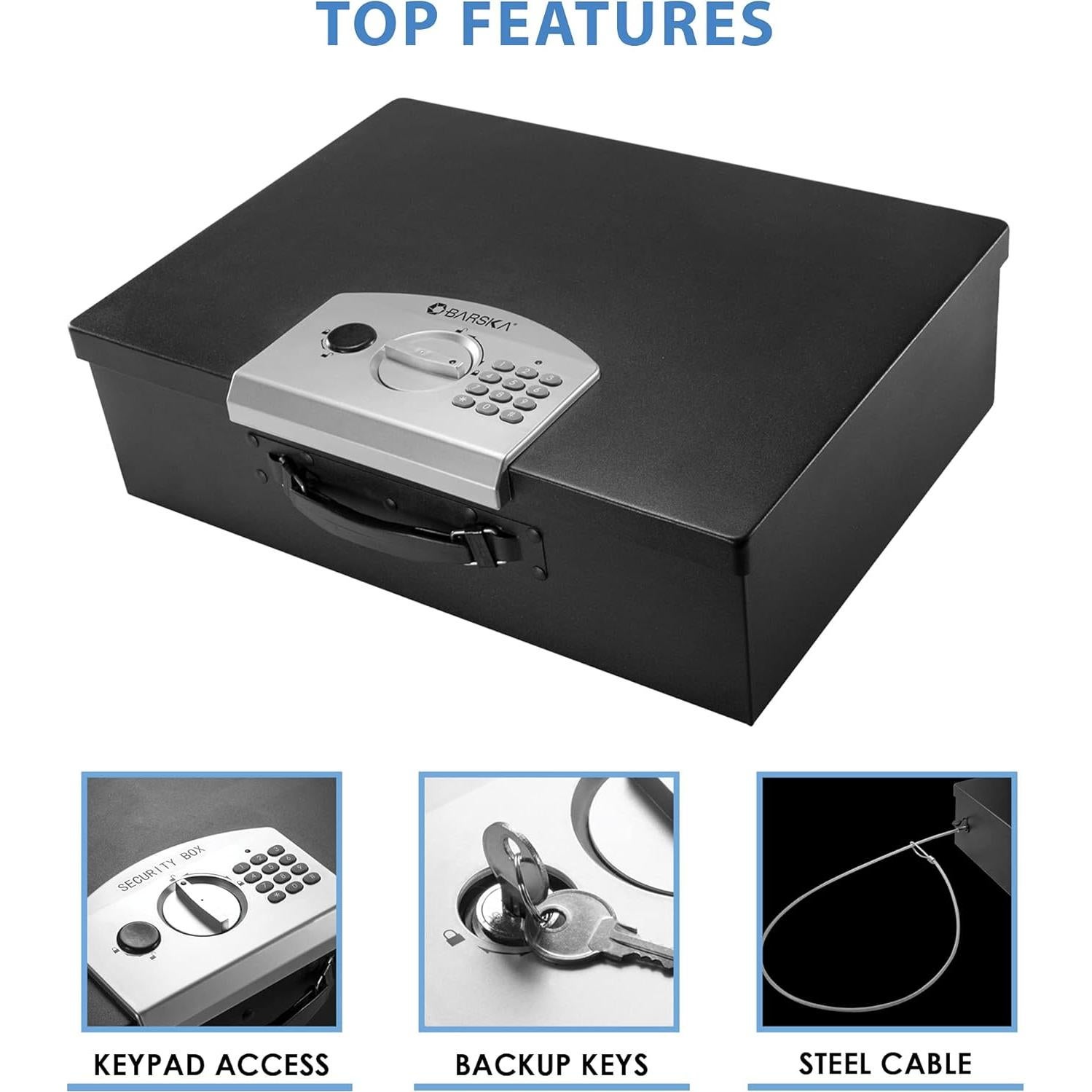 Portable Digital Keypad Lock Box – Secure Travel Safe for Valuables, Steel Construction, Removable Tethering Cable, Backup Keys & Batteries Included