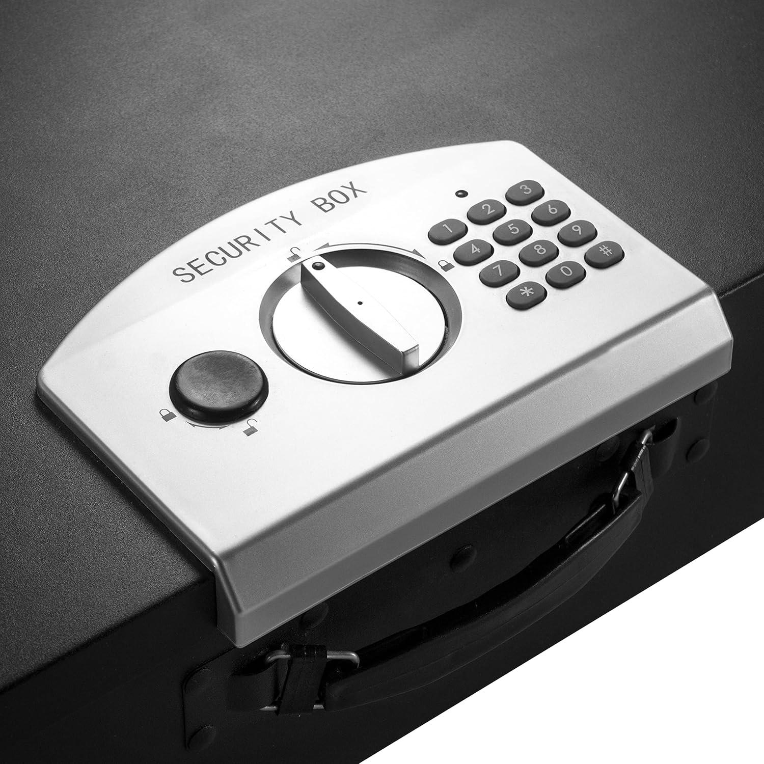 Portable Digital Keypad Lock Box – Secure Travel Safe for Valuables, Steel Construction, Removable Tethering Cable, Backup Keys & Batteries Included