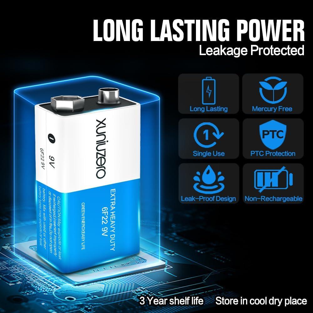 Baterías 9V XUNIUZERO 6F22 Cuadradas Duraderas - Paquete de 4