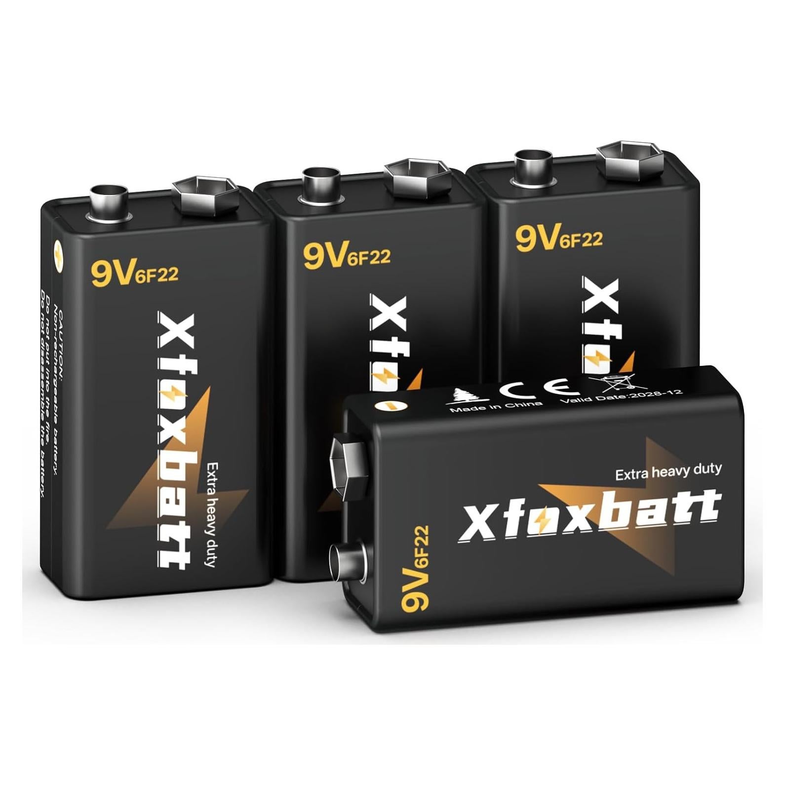 Baterías 9V Carbono XFOXBATT 6F22 Larga Duración Paquete 4