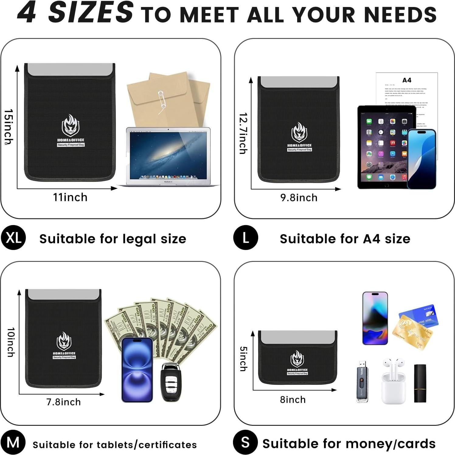 Set de 4 Bolsas a Prueba de Fuego Andyer - Documentos A4 y Legal